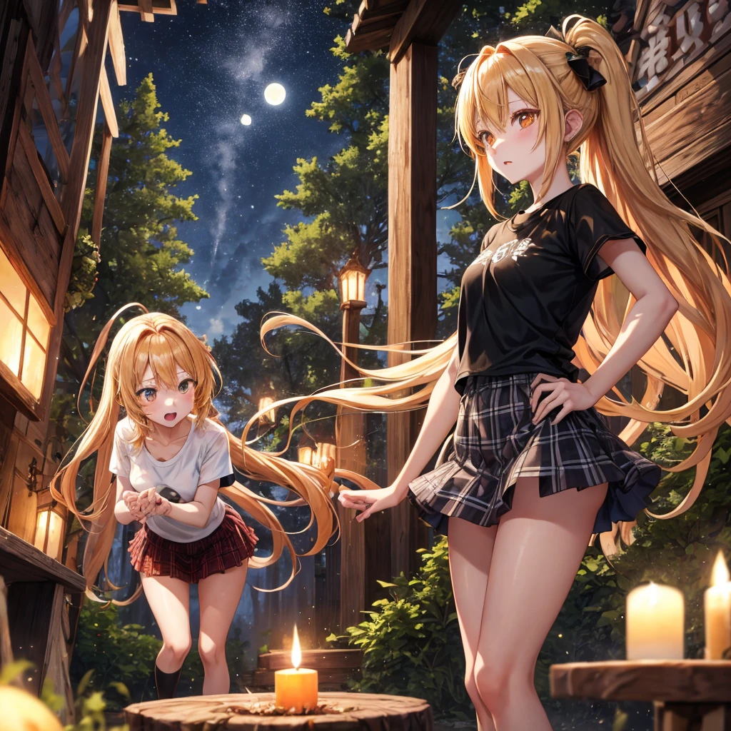 orange blonde、poneyTail、verd s eyes、one good looking girl、独奏、animesque、lightly dressed、Plaid miniskirt、a black T-shirt、rotting wood、fullmoon、Sea of trees、candle fire、Meteor swarm、starrysky、are flying