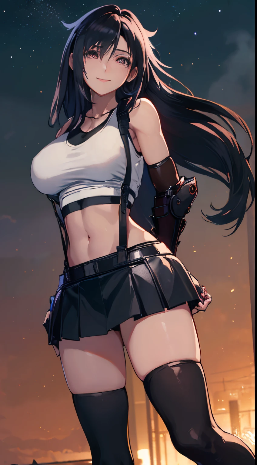 (8K, Best Quality, Masterpiece: 1.2), (Realistic, Photorealistic: 1.37), super detaill, one girls, Cute, 独奏, (Tifa Lockhart: 1.3), (), (Beautiful eyes), (Smile: 1.2), Neon, urban landscape, Depth of field, Dark strong shadows, sharp-focus, Car, Depth of field, composition, Final Fantasy VII, dating, (Nose brush), single elbow pads, ankle boots, black hair, (short black skirt), BDSM: 1.4, red boots, elbow gloves, partially fingerless gloves, tight shirt, sports bra, (Black leather skirt with suspenders), Qi-Hi, (((white tanktop: 1.3)), full - body, headrest, lips, beauty face, long hair with a low tie,, (night time: 1.3), Complex, Cinematic lighting, Photon mapping, radiosity, physically based rendering, (Tetsuya Nomura style),(Huge-breasts, tetas grandes, skinny waist),Big hit: 1.4,((sexy thong panties)),(small face),(Nasty body:1.4),standing posture, (big breastes, protruding:1.5) Flirting, (Smile: 1.2), (buttocks focus: 1.5), From Bottom, (Slouching position), (protruding buttocks: 1.3), (At the back: 1.5),