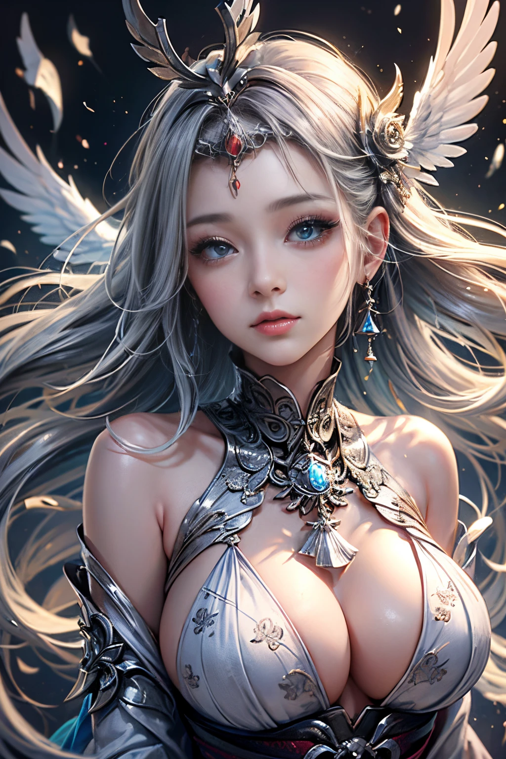 (Photoreal Stick:1.4, masutepiece:1..3, 8K), top-quality, ​masterpiece, 超A high resolution, Perfect dynamic composition, Professional camera work, Grow Light Effect, Mystical portrait, Cinematic Light, Highly detailed skin and facial texture:1.3, The ultra-detailliert, A detailed eye, (Shining metal objects floating in the air and surrounding her.:1.2), (myterious:1.3, Fanciful:1.2, tradition:1.2, majestueux:1.2), 1girl in, 25-years old, cute sexy slim female god, Fair skin, (Enraptured look:0.9, Totally captivates you:1.0), (silver japanese kimono:1.3 off shoulder), (voluptuous breasts:0.9), (Backshots, Calm pose), (Beautiful blue eyes, Eyes that feel beautiful eros:0.85), Sexy face:0.4, (A mouthfeel that feels beautiful eros:0.85), ((Too cute beauty:0.9))