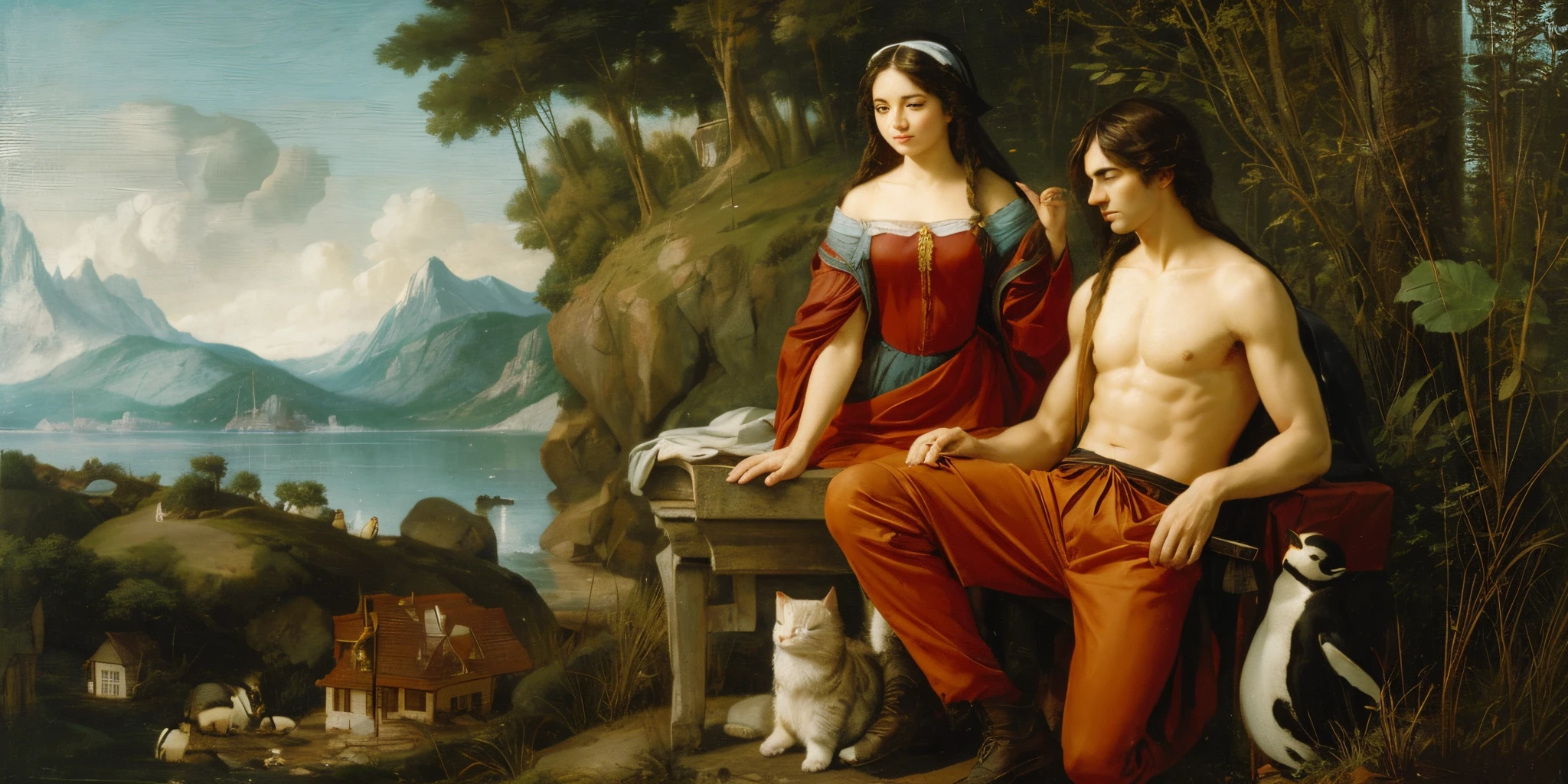 Man woman cat bench penguin landscape, 24k resolution