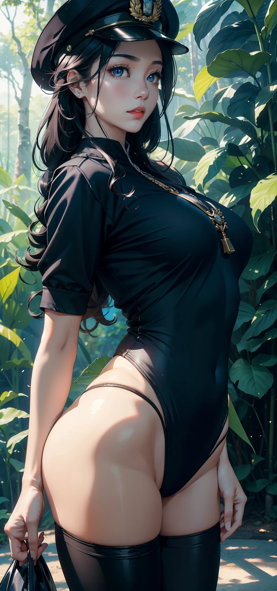 1female,45 yers old,Married woman,legs long, Slim waist, photo exposure, 独奏,(Background with:at a forest,the rainforest,in summer) She has long black hair,Redlip,Stood up,seen from the front, curlies, sky with many clouds,(((tmasterpiece),(Very detailed CG unified 8k wallpaper),Best quality at best,电影灯光,detailed back ground,Beautiful right eye pupil,(very delicate beautiful),(Beautiful and detailed eye descriptions),ultra - detailed,tmasterpiece,)),facing at the camera,A high resolution,ultra - detailed),Revealed,equipment, convex,Camel toes,the block(dressed in:,Officer's cap,blue officer,black colored leggings,Naknesakis)