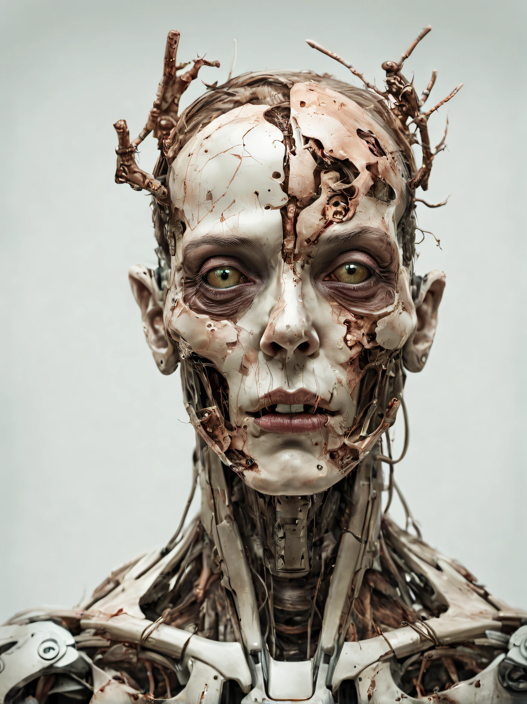 zombified cyborg mutant humanoid terrifying creature, Perfect centralization, coelho (franco)de Donnie, Standing position, beleza abstrata, Centrado, looking at the camera, Facing the camera, nearing perfection, triste, desespero, corpo inteiro, hands on her head, Dynamic, altamente detalhado, liso, foco nítido, 8k, high-definition resolution, illustration, arte de Carne Griffiths e Wadim Kashin, fundo branco