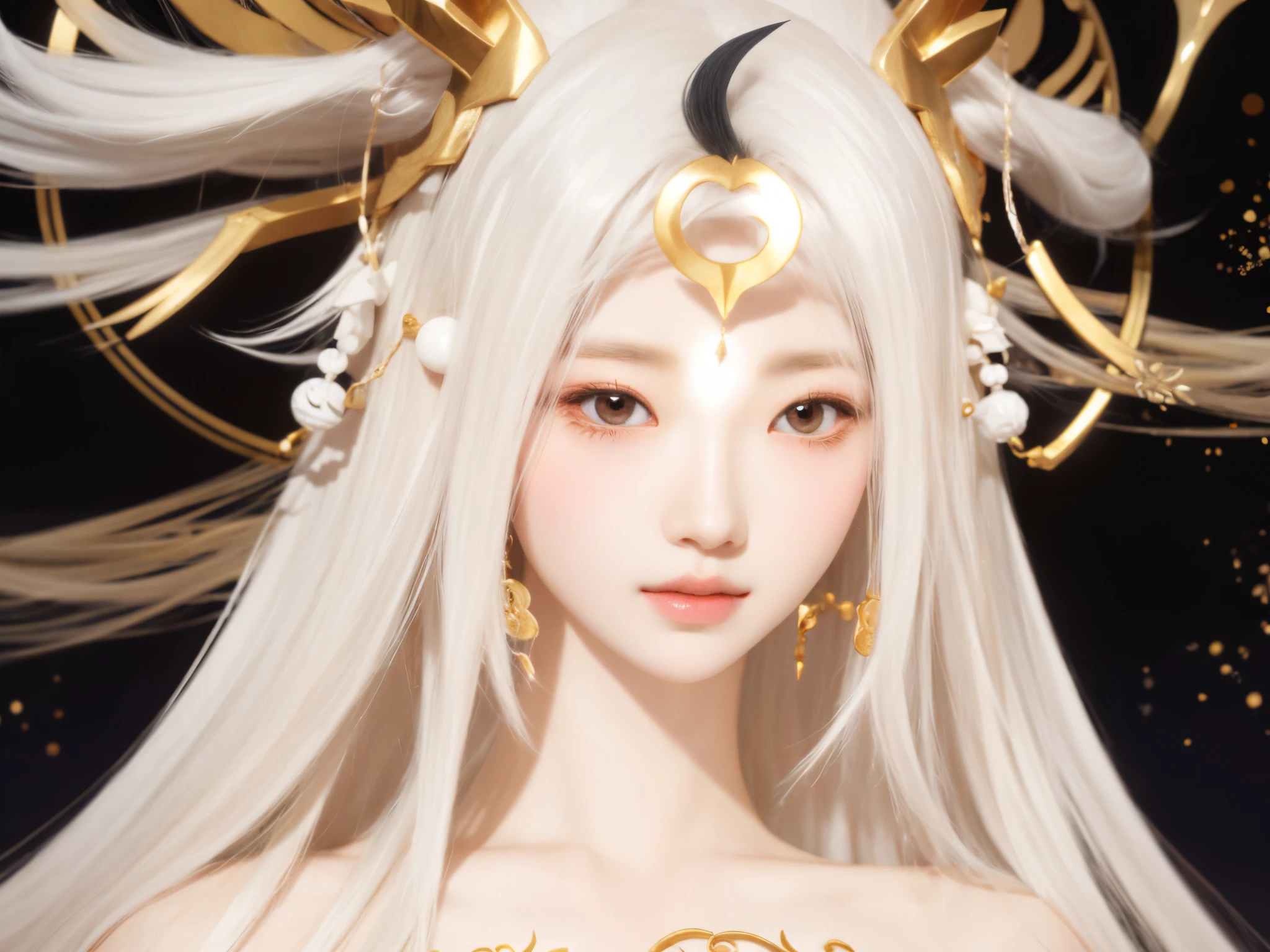 True humans，actual，fine skin，long and fluffy hair，Girl with long blond hair and gold jewelry in front of black background, onmyoji detailed art, welcoming, onmyoji portrait, onmyoji, white-haired god, the goddess artemis smirking, lunar goddess, Complex and gorgeous, beautiful fantasy empress, Works of the Goddess of Sorrow, lunar goddess, lunar goddess