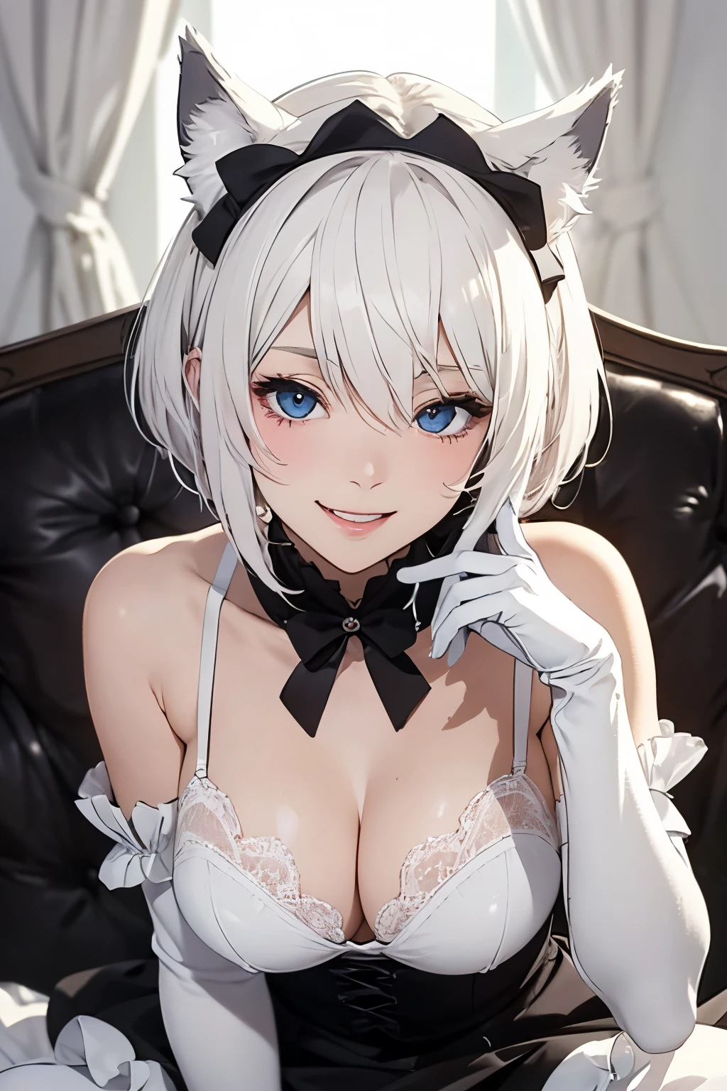 masutepiece high-level image quality Top image quality 8K Maids Lady(Soio) Portrait White Long Gloves((blanche)(Long gloves)) white stockings an lingerie((Maids)blanche)) Wolf ears shorth hair((short-cut)(White hair)(perm)(fluffly)) Eye color is blue Face seducing((A smile)(Smile)(Opening Mouth)) Background with((natta)) all-fours