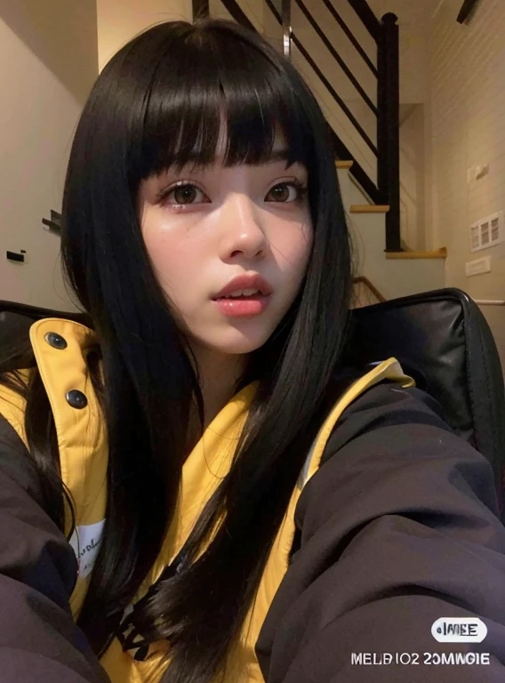 arafed woman with long black hair and a yellow jacket, she has black hair with bangs, with full bangs, with bangs, lalisa manobal, the hime cut, straight bangs, neat hair with bangs, long hair with full bangs, long straight bangs, long black hair with bangs, black hime cut hair, ulzzang, long hair with bangs