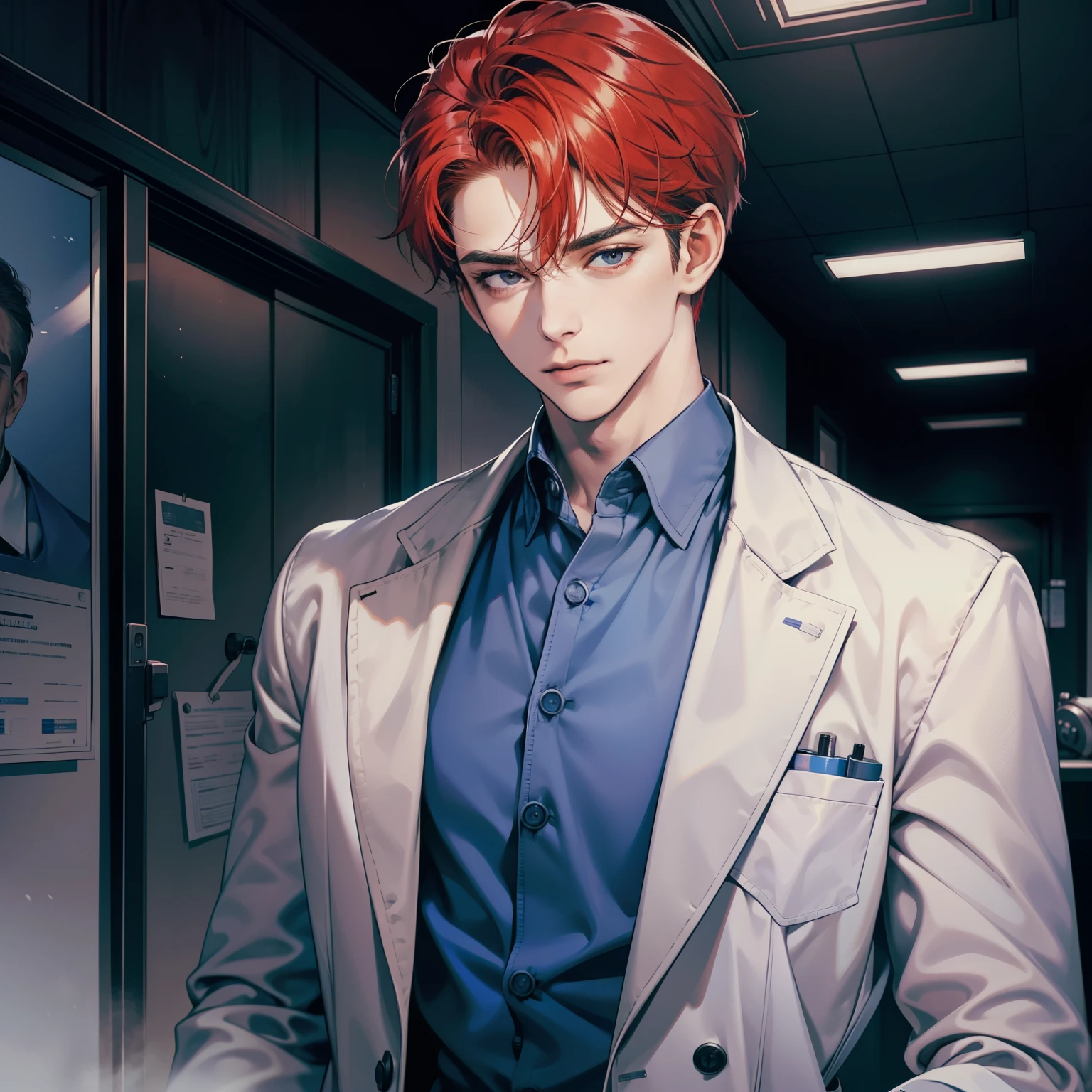 A handsome man with red short hair up and black eyes, giving a mature, gentleman, and doctor vibe, looking looking sideways Doctor attire, blue scrub suit and white coat, medical attire, doctor uniform, modern era, half body, hospital.