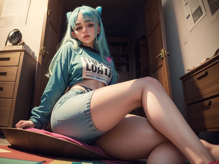 Hermosa chica muslos grandes pantalones cortos ,escote ,chica similar a Billie eilish