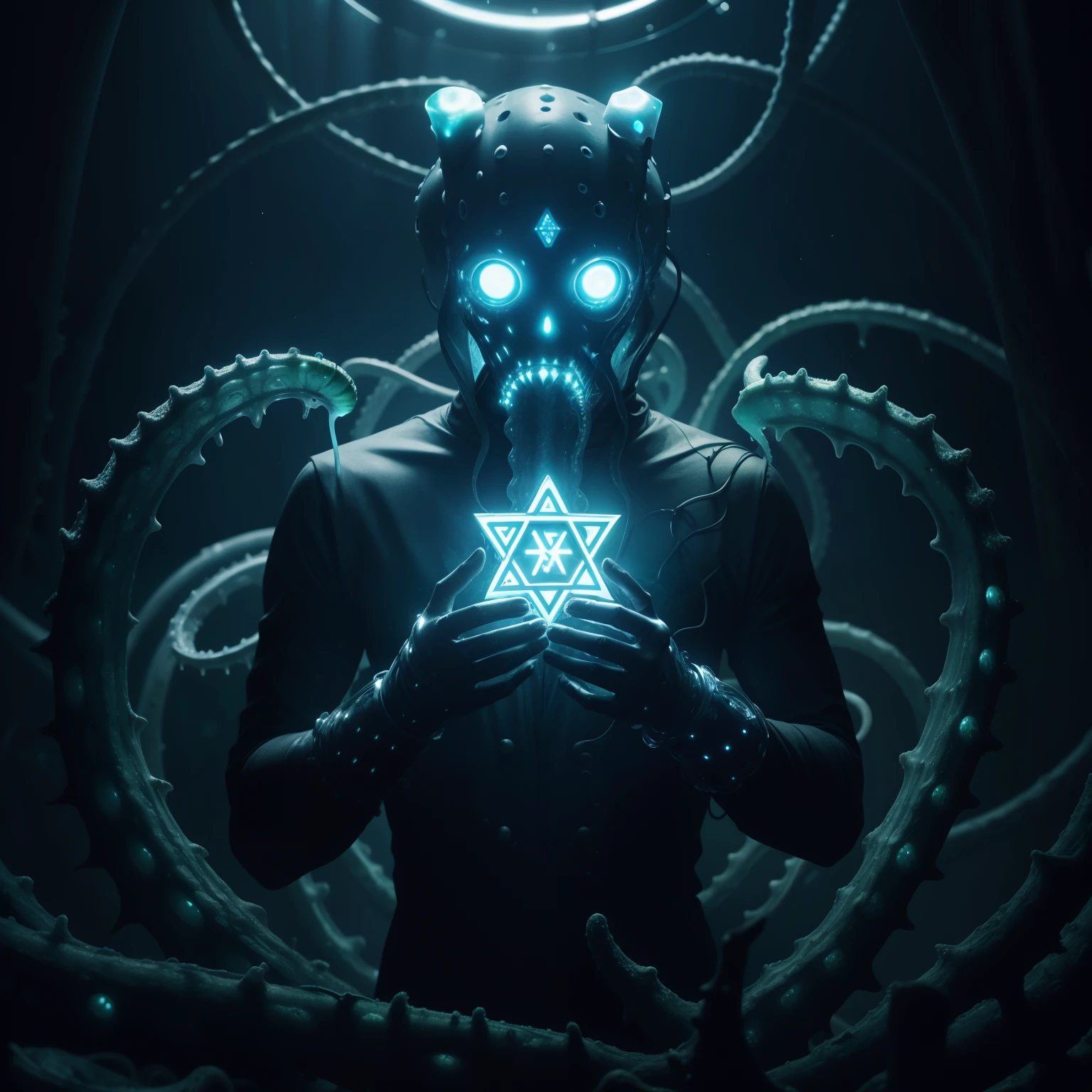 star of david, parasite, tentacle, bioluminescence, biopunk, biomechanics, horror, dark atmosphere, eating watermelon --auto