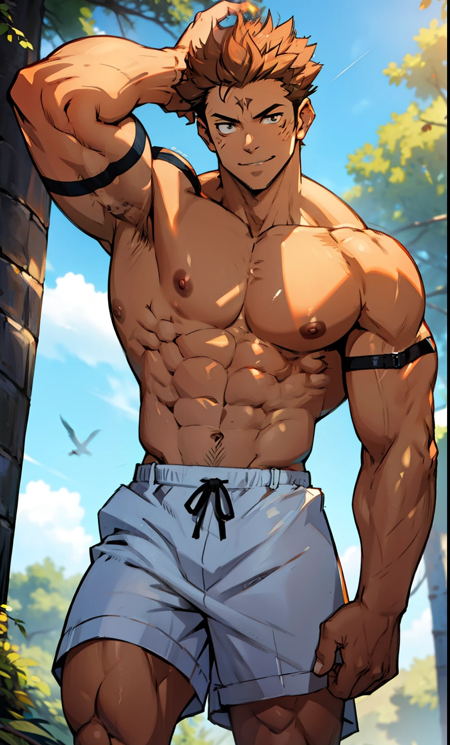 (canto da foto de baixo para cima) (imagem da mais alta qualidade) Lion man ,real, jovem, foco masculino, vestindo shorts, imagem de anime, leaning on a tree , pernas bem abertas, sexy face, rosto atraente, cabelo subcortado, huge muscle muscles of the chest, anime wallpaper, exibindo seus musculos, large strong thigh muscles, Biceps Sinewy muscles, virilha marcando, Big chest, six pack abs, corpo tonificado devido ao treinamento intenso, Well-developed muscles, ABS transparente de 8 embalagens, 3 metros de altura, topless, abrindo bem as pernas, pele brilhante, rede de suor pingando, hands on thighs, bare feet, Sem barba