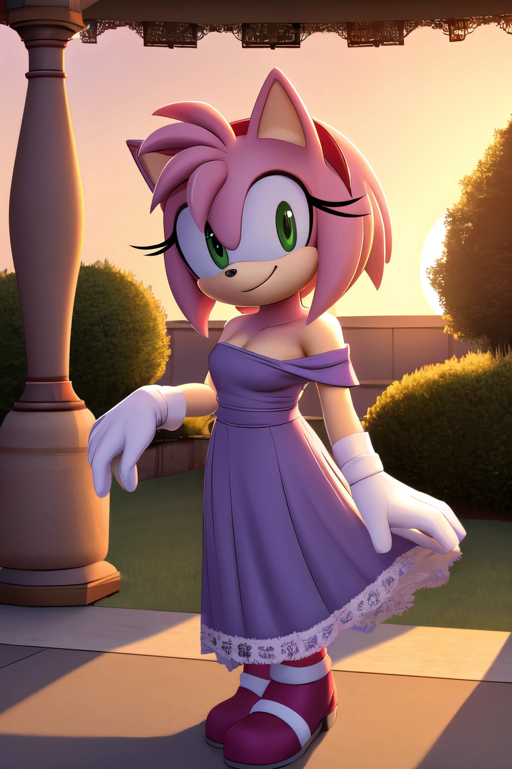 Amy Rose, Bare Shoulders, Purple Dress, Strapless White Dress, Lace Off-shoulder top, Ruffle Off-the-Shoulder Top, Long Skirt, Outside the Mansion Background, near to a gazebo, sunset, Smile, Garden, Looking at You, Standing up, 2D illustration
