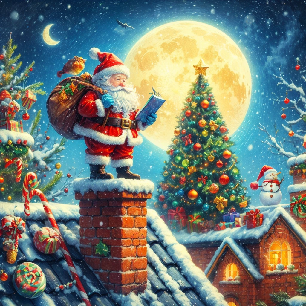 Best quality, 8K, A high resolution, tmasterpiece:1.2), ultra - detailed, (actual, realistically:1.37), vivd colour, Magical atmosphere, Whimsical, Sparkling,Fantasy Christmas World,(Christmas in the style of Van Gogh), themoon,(Snowy night in Christmas town),(((Cute Santa Claus holding list and bag of gifts, Standing on the roof,trying to climb into the chimney))),((Robin standing on head)),((Christmas tree,Sweets and snacks,sucrose,Christmas gifts, Christmas snowman)), and decorations, Lovely design style, natta,sky sky,moon full,Shown in this beautiful scene, Surreal, Psychedelic, Complicated details, Beautiful texture, Ethereal, like a dream, Soft glowing light, Charming Patterns, Fantasy creatures, Hidden surprises, dreamlike landscapes, Surreal color palette, Mystic aura, hyper realisitc, Enchanting journey, psychedelic trip, vivid imagination, immersive experience, mysterious creature, otherworldly charm, glowing paths, Light up a dreamy and beautiful Christmas, surreal sky, Whimsical Christmas elements, a magical encounter,Fascinating artwork