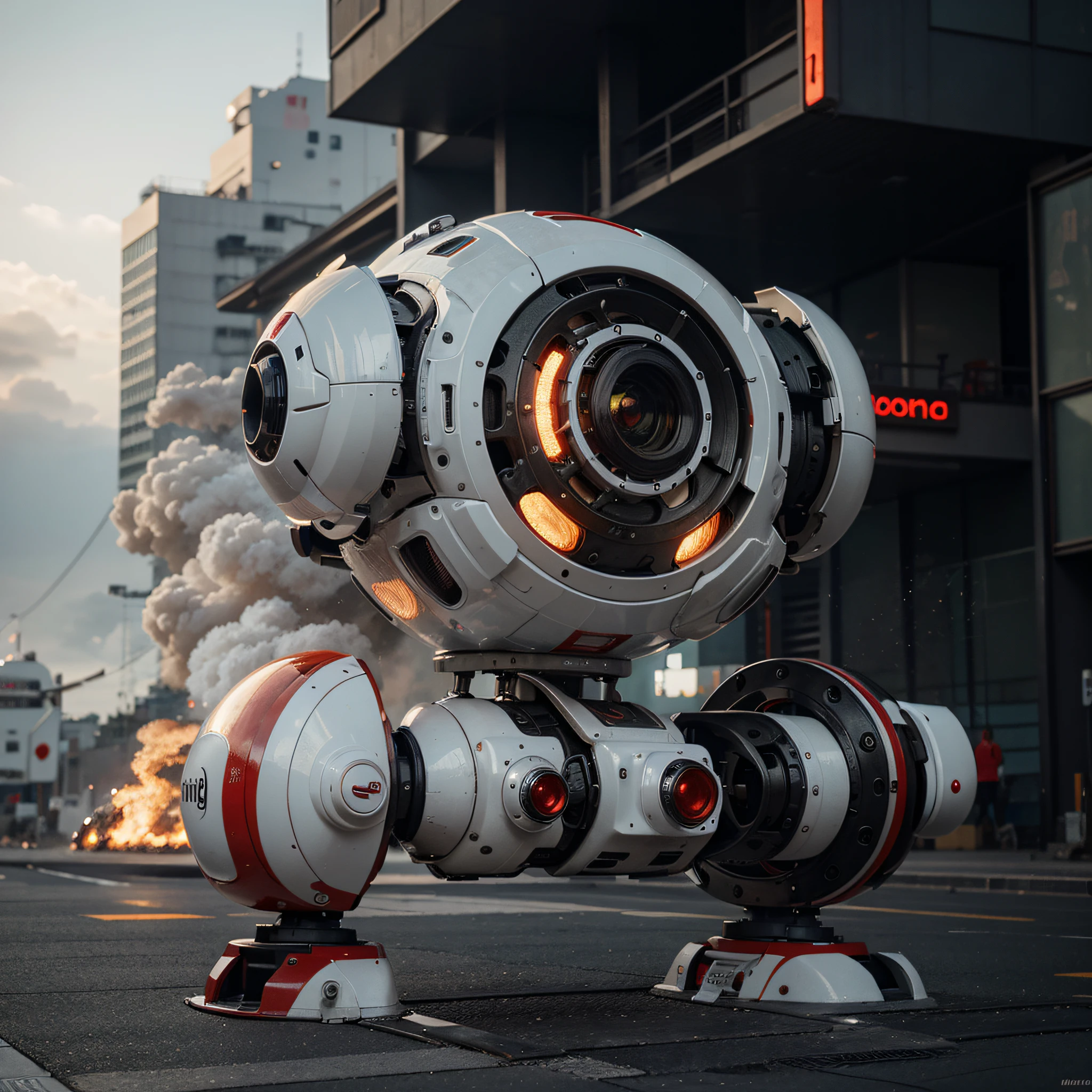 Small white robot with red details., formas muy estilizadas, It has a Japanese symbol painted on it, Has camera lenses and sensors., It is in a completely destroyed modern Asian city.., Fuego, Explosiones, humo, 4k, Ultra detallado, imagen realista, Altamente detallado, perfect composition, splendid, Intrincadamente detallado, Incredibly detailed, 8 k artistic photography, hiper detallado, Obra maestra, Ultra detallado, hiperrealista, 4k, Imagen ultra detallada, realista, Altamente detallado, perfect composition, splendid, Intrincadamente detallado, Incredibly detailed , 8K fine art photography, hiper detallado, Obra maestra