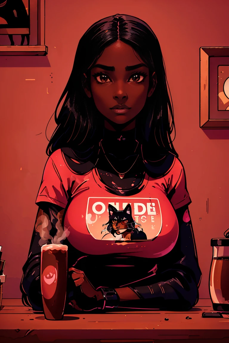 One Dark skin young woman with long jet black hair and clearly detailed big brown eyes, ebony nose, a pink coffee mug, curious black wolf-like cat, high quality, 2D, UHD,