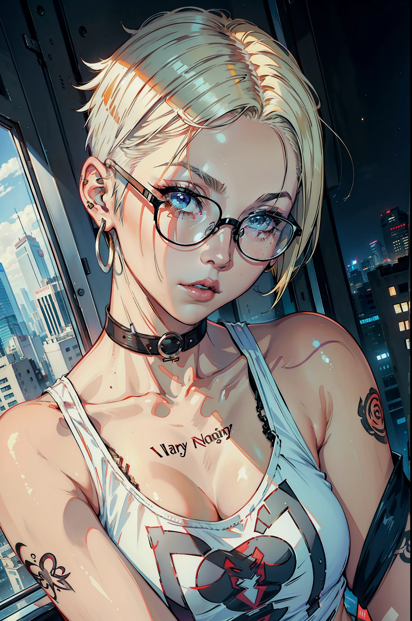 young woman, riley nixon haircut, shaved hair, blonde hair, very short hair, bald, white tank t-shirt shirt, red moon tattoo, right arm tattooed, wearing glasses, blonde hair, riley nixon haircut, lipstick Black, piercings on the face, on a skyscraper, Looking at the viewer, Storm city, 4k