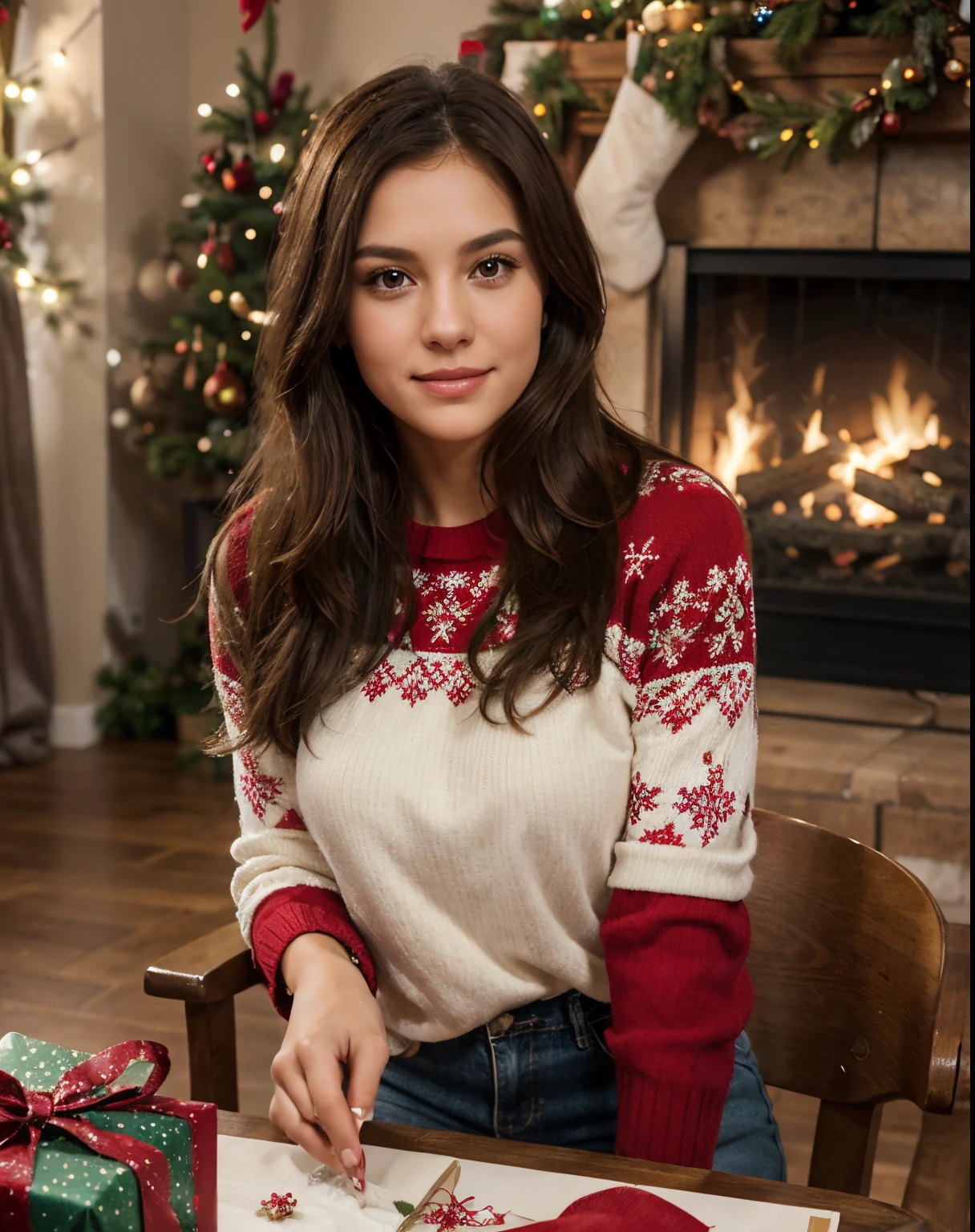 A beautiful european girl with brown eyes and brunette hair. Sitting on a chair, at a table adorned with the holiday spirit, she is wrapping Christmas presents. Her attire exudes coziness and festive charm, as she dons a warm red Christmas sweater featuring a delightful pattern that echoes the merriment of the season. Complementing the festive top, she wears comfortable blue jean pants, allowing for ease of movement as she deftly folds and tapes the wrapping paper around each gift. The room is infused with the scent of pine and cinnamon, creating a cozy atmosphere that enhances the enchanting scene of holiday preparations. The soft glow of twinkling lights adds a magical touch, casting a warm and inviting ambiance around her as she carefully crafts each present, contributing to the joy and anticipation of the upcoming festivities. Smiling, ultra high resolution, (photorealistic: 1.4), high resolution, (brown eyes), (finely detailed skin), (perfect proportions) (photos realistic) (masterpiece) (photorealistic), ultrarealistic (Best Quality) (Detailed) photographed in a Canon EOS R5, 50mm Lens, F/2.8, (8K) (Wallpaper) (Soft Lighting) (Convoluted) Fashion