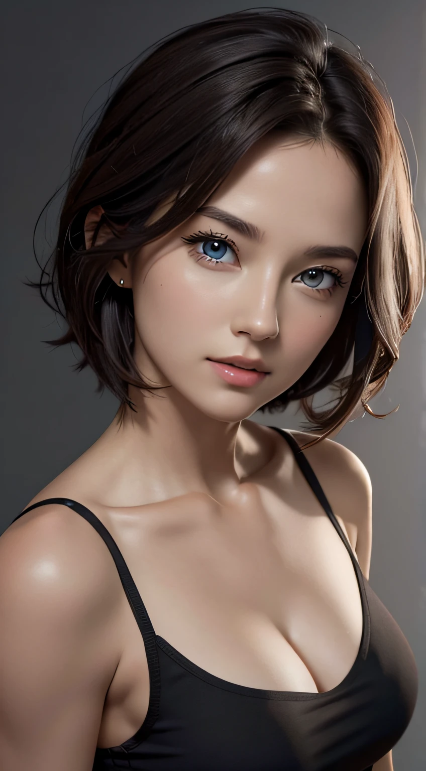 dark theme, absurdres, best quality, [1boy:1girl:0.2], tomboy, solo, very short hair, pixie cut, tan, (muscular:0.75), (large breasts:0.5), (medium breasts: 0.25), messy hair, night, aroused, lovestruck, looking at viewer, full-face blush, 8k, absurdres, (UHD:1.2), (masterpiece, ultra detailed, best quality, highres, extremely delicate and beautiful:1.3), dynamic angle, (detailed face)