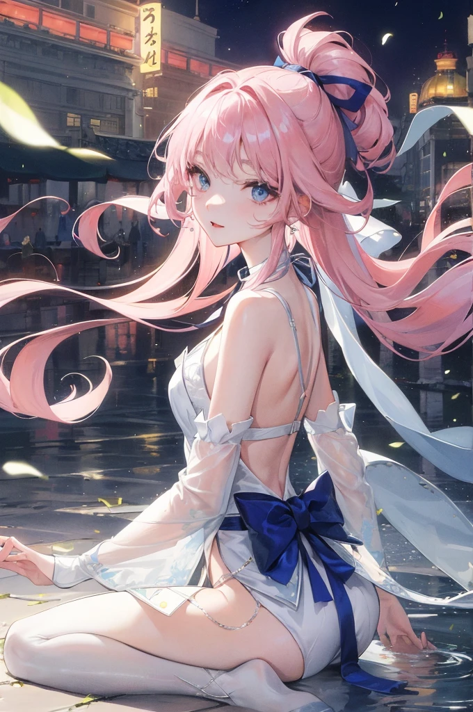 Official fine art,tmasterpiece,Sharp focus,Delicate and beautiful hair and eyes and face,realisticlying,ultra - detailed,a beauty girl,blue-sky,Glowing white particles,(side-lighting:1.2),rays of sunshine,baiyun,Detailed clouds,Slender,Visible and buttocks,scenecy,Long straight hair, sexy facial expression, Delicate platinum-pink hair, glow blue eyes, (blue pleated shirt+white skirt), Long white socks, paleskin, long leges,hair adornments, epic landscapes,