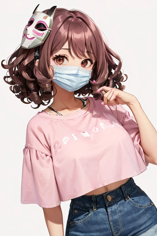 ((curly brown hair black eyes a pink cropped blouse a denim skirt how I feel pink and white a mangle mask on the side of the head))