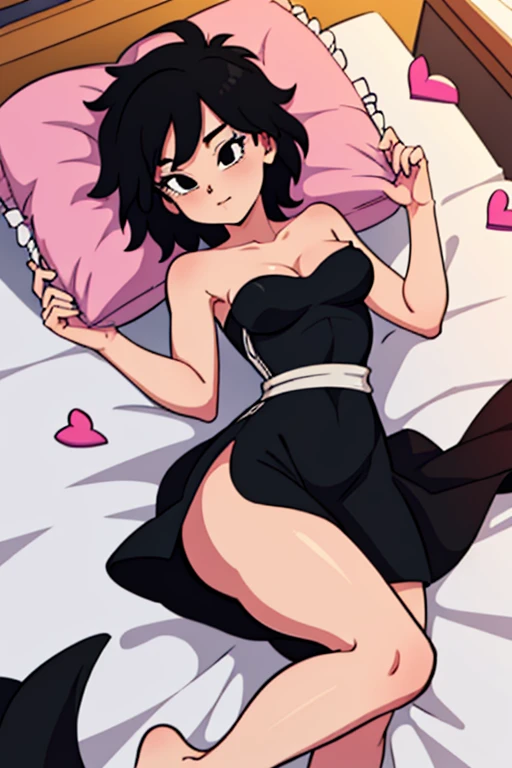 Gine, Black Hair, Short Hair, Black Eyes, seductive, medium breast, bare shoulder, strapless, black sweetheart dress, short black dress, lying in bed, bed sheet, frilled pillow, frills, heart pillow, pinup, 2D illustration