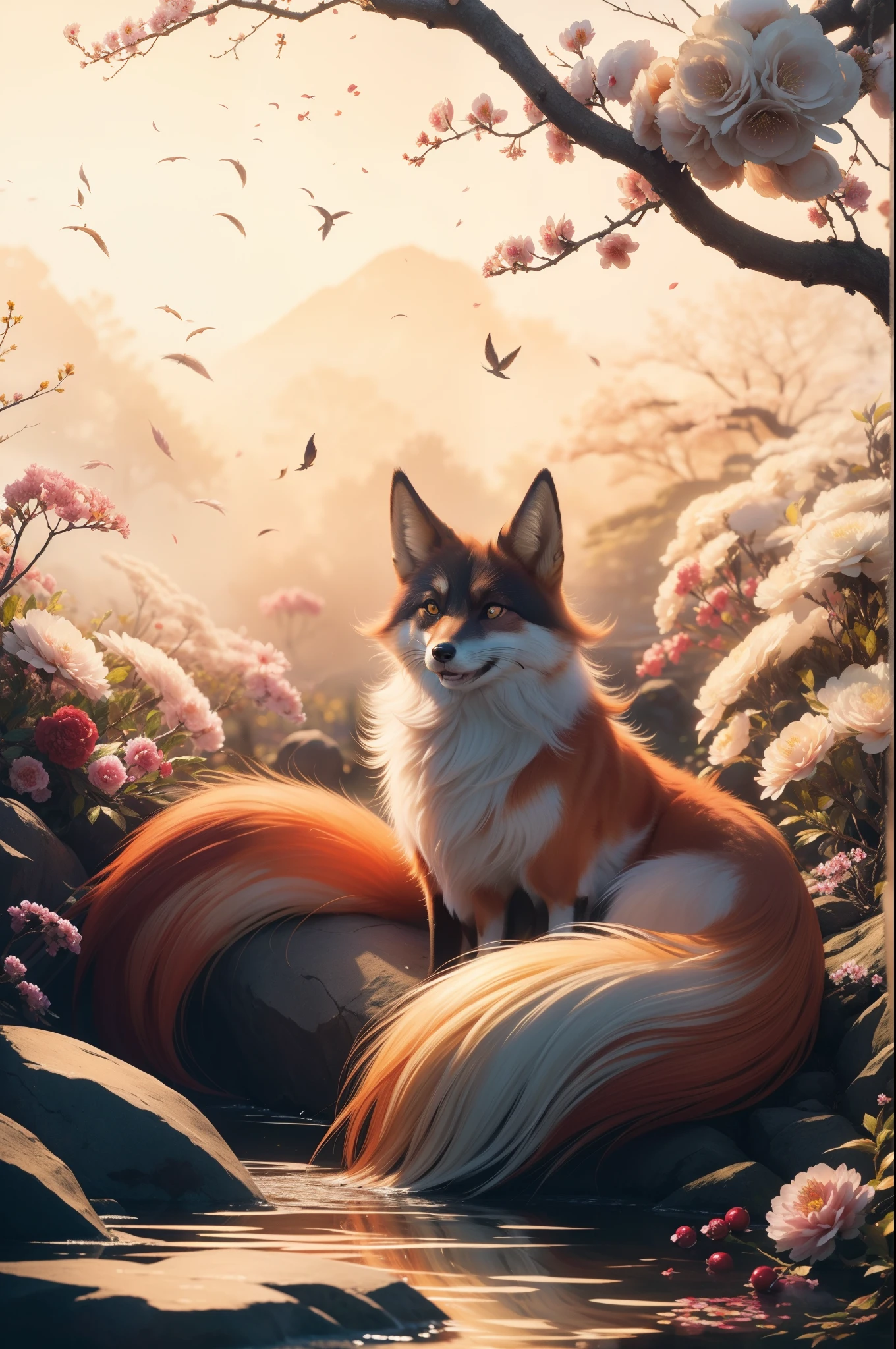 the Nine-Tailed Fox、9 tails,four legged fox、golden coat、shiny hair color、A detailed、​masterpiece、Top image quality、Cherry blossoms in full bloom in the background、Each petal was carefully made.............................、depth of fields,look at the cherry tree,big black fox eyes