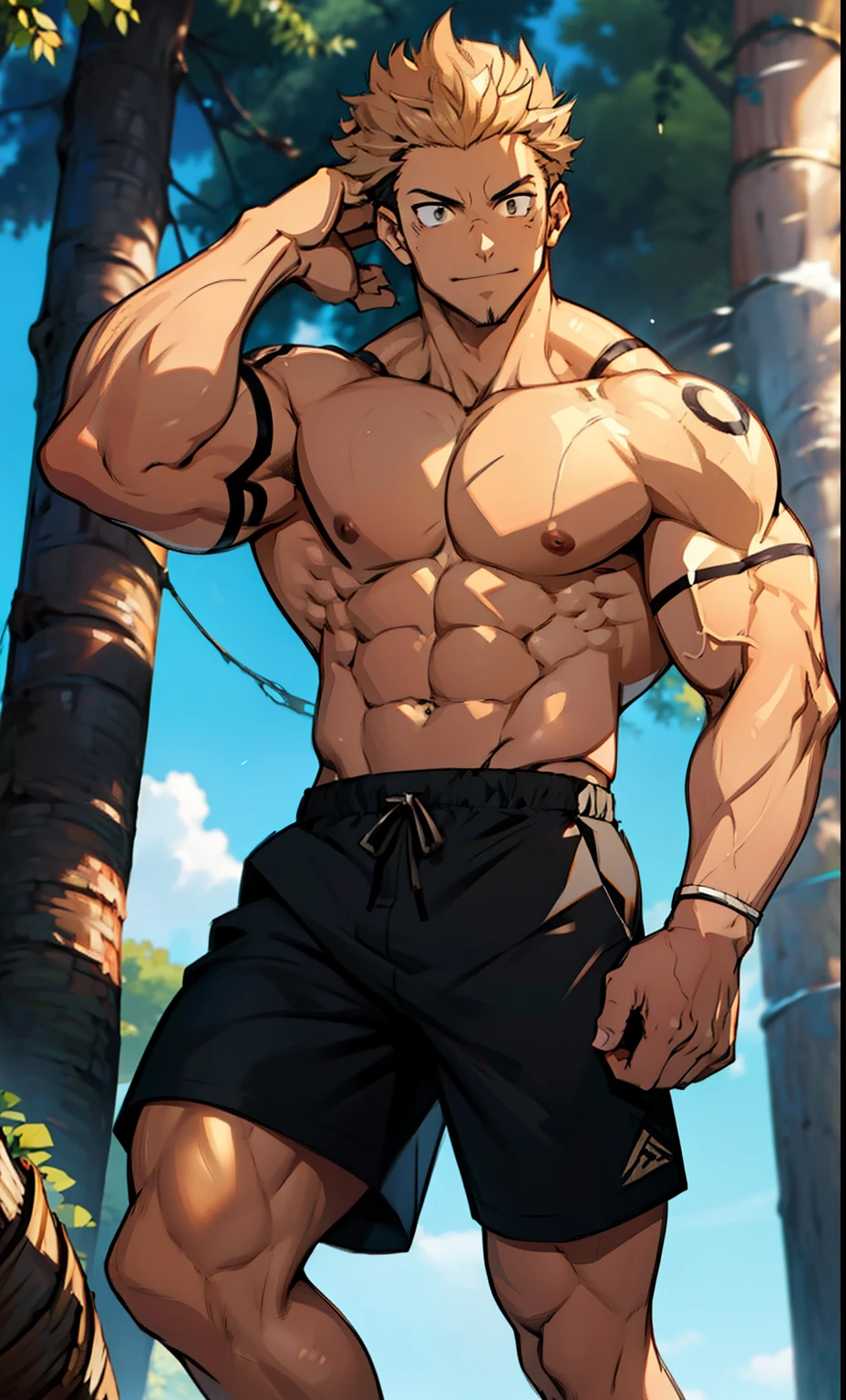 (canto da foto de baixo para cima) (imagem da mais alta qualidade) Lion man ,real, jovem, foco masculino, vestindo shorts, imagem de anime, resting your arm on a log  , pernas bem abertas, sexy face, rosto atraente, cabelo subcortado, huge muscle muscles of the chest, anime wallpaper, exibindo seus musculos, large strong thigh muscles, Biceps Sinewy muscles, virilha marcando, Big chest, six pack abs, corpo tonificado devido ao treinamento intenso, Well-developed muscles, ABS transparente de 8 embalagens, 3 metros de altura, topless, abrindo bem as pernas, pele brilhante, rede de suor pingando, hands on thighs, bare feet, Sem barba