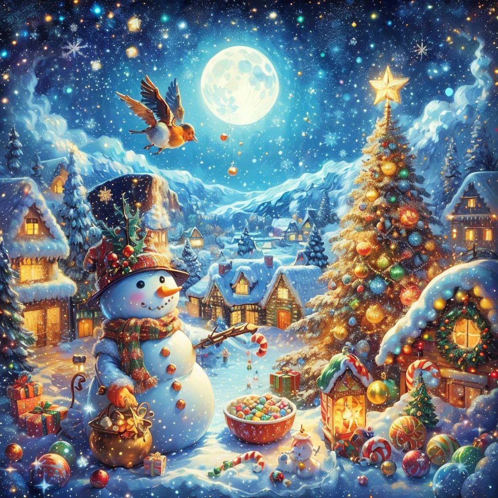 Best quality at best, 8K, A high resolution, tmasterpiece:1.2), ultra - detailed, (actual, realistically:1.37), vibrant with colors, magical ambiance, Whimsical, glittery，Fantasy Christmas World，(Christmas in the style of Van Gogh: 1.5), themoon，(Snowy night in Christmas town)，((Cute vector snowman holding a book and a bag of candy, Pour the snowflakes into a bowl，The robin lands on the snowman&#39;s head，Christmas elements))，((Christmas tree，Confectionery，Cane sugar，Christmas gifts)), and decorations, Cute design style, natta，Skysky，moon full，Shown in this beautiful scene, Surreal, Psychedelic, Complicated details, Beautiful texture, Ethereal, like a dream, Soft glowing light, Charming Patterns, fantastical creature, Hidden surprises, dreamlike landscapes, Surreal color palette, Mystic aura, hyper realisitc, Enchanting journey, psychedelic trip, vivid imagination, immersive experience, mysterious creature, otherworldly charm, glowing paths, Light up a dreamy and beautiful Christmas, surreal sky, Whimsical Christmas elements, a magical encounter,Fascinating artwork