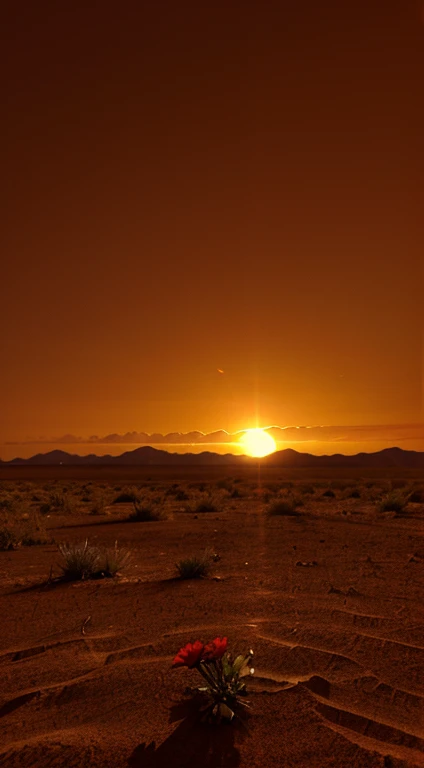 A solitary red flower in a scorching desert with a red sun and sky