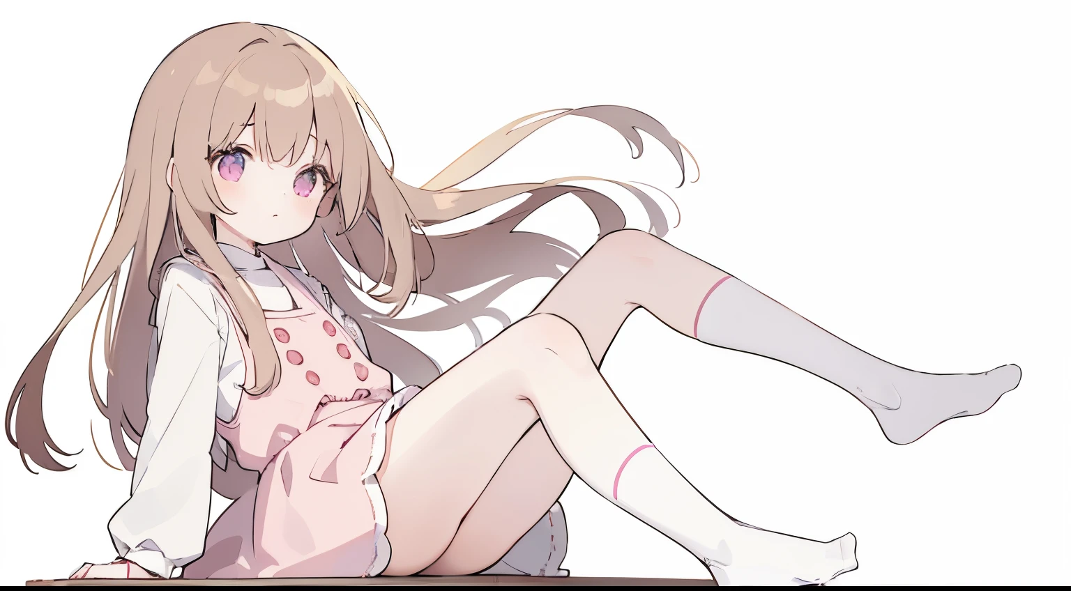 (best quality,anime style:1.2),girl, girl,long light brown hair,pink and white dress,black socks,full body,white background