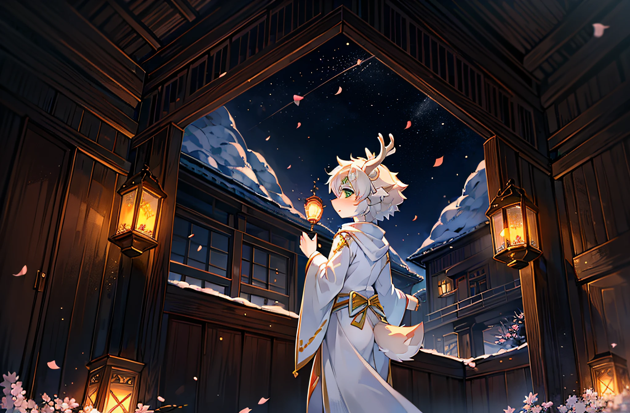 A white deer,Green-eyed,Take the lantern,long white robe,starrysky,As estrelas,themoon,lovely boy,shota,back to look back,Oyuki,blanketed in a mantle of snow,Peach blossom tree,falling flower petals,deer antlers,themoon,gentleness,