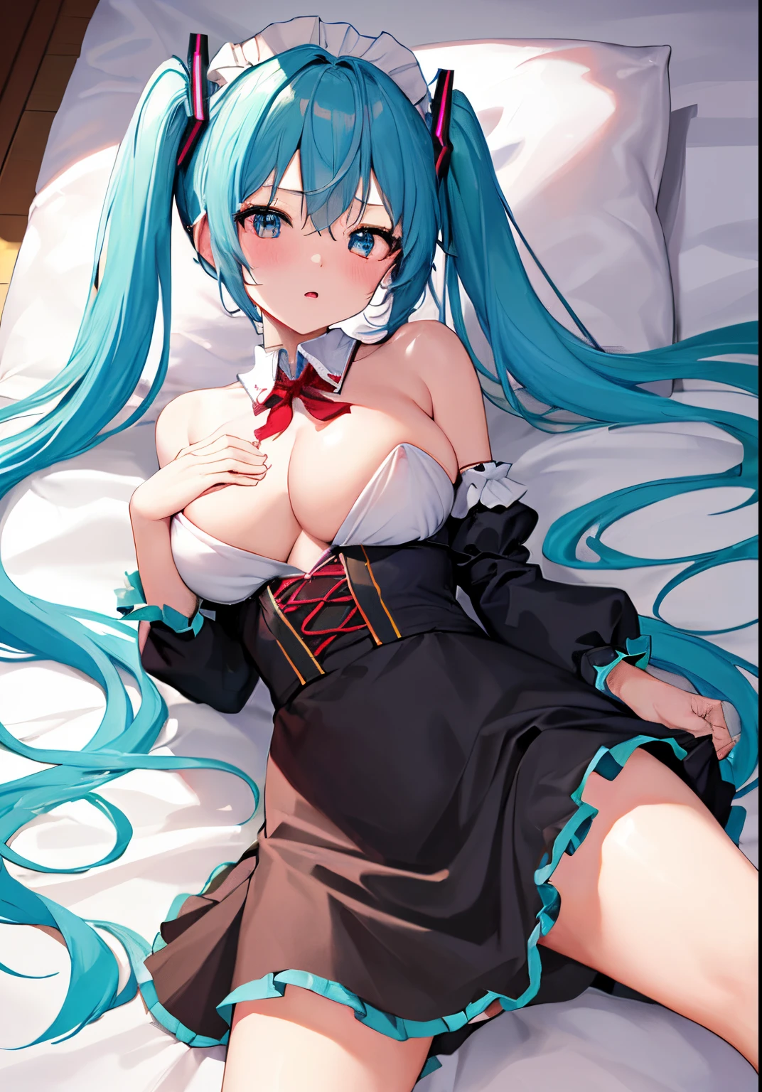 masterpiece、image quality、超高分辨率、NSFW、Big breasts Hatsune Miku、blue hairs、double taile red in the face、、Open chest maid outfit、a skirt，Will double、streaked、Lie down in bed、Bedrooms、the night