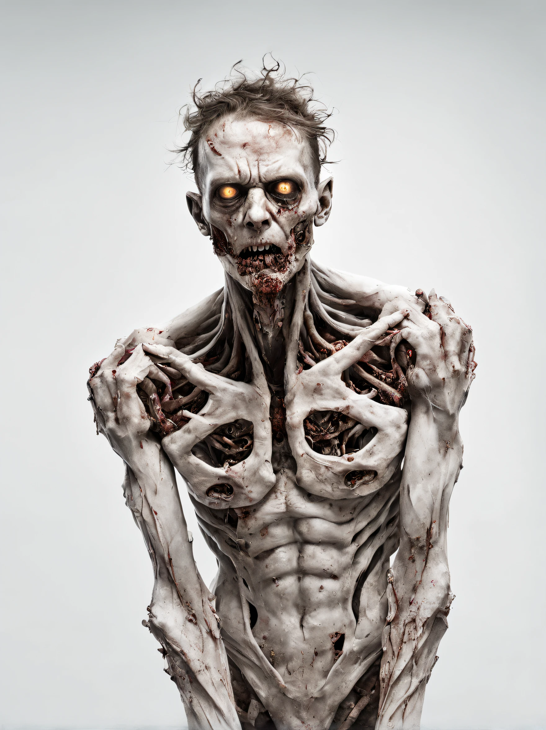 zombified humanoid mutant creature, male, perfect centralization, standing position, abstract beauty, centred, looking at the camera, facing the camera, near perfection, sad, desperate, upper body, hands on her head, dynamic, art by Meat Griffiths and Wadim Kashin, white background