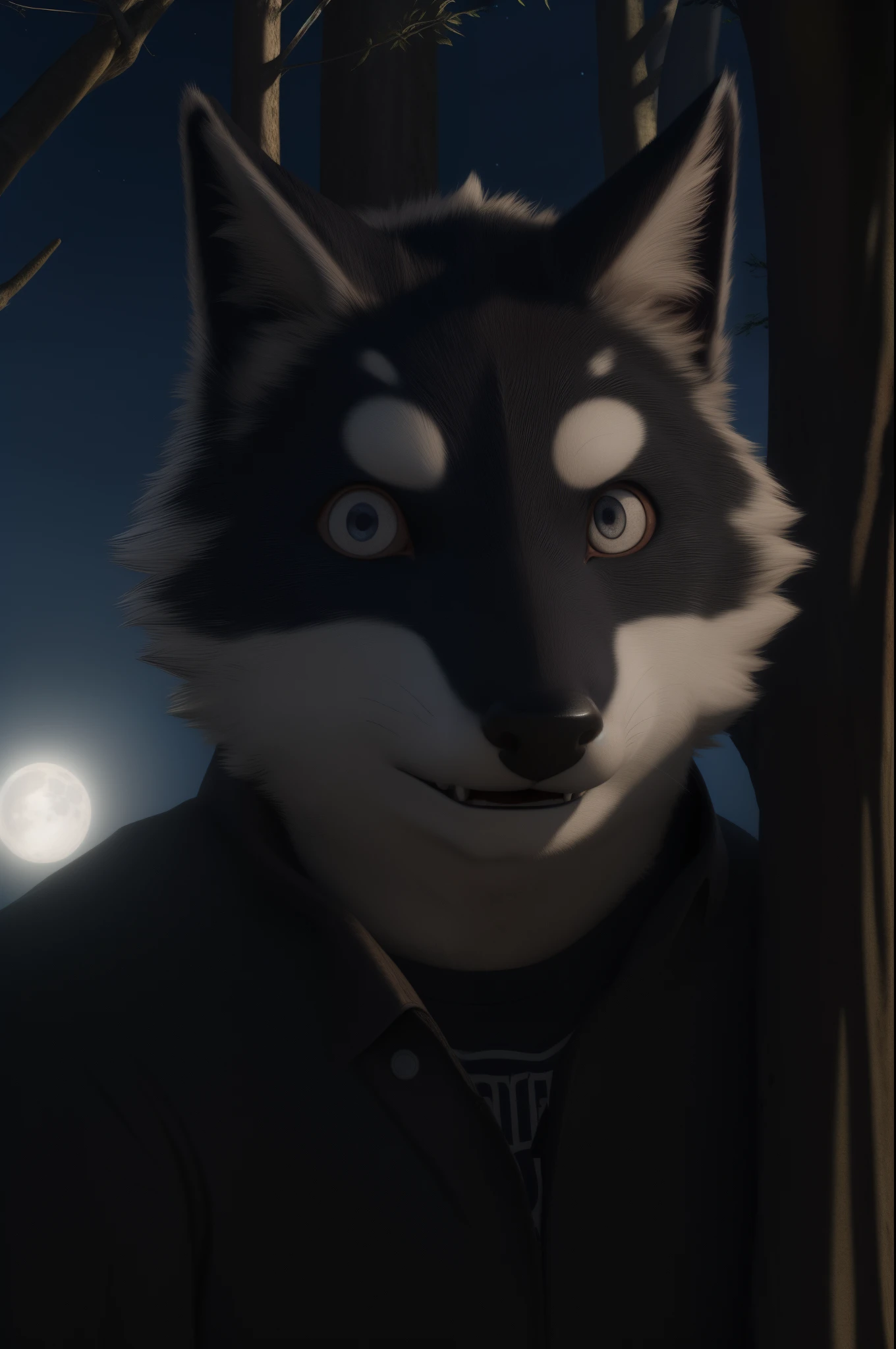 Kuugo looking at the viewer alone in a forest asking for help at dawn with a full moon scared expression and horror music in the background ultra realistic digital art in 3D full HD super high quality