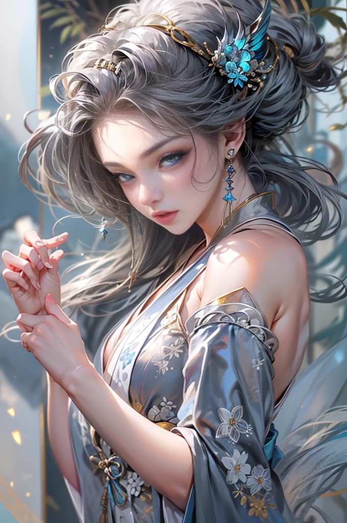(Photoreal Stick:1.4, masutepiece:1..3, 8K), top-quality, ​masterpiece, 超A high resolution, Perfect dynamic composition, Professional camera work, Grow Light Effect, Mystical portrait, Cinematic Light, Highly detailed skin and facial texture:1.3, The ultra-detailliert, A detailed eye, (Shining metal objects floating in the air and surrounding her..:1.3), (myterious:1.3, Fanciful:1.2, tradition:1.2, majestueux:1.2), 1girl in, 25-years old, cute sexy slim female god, Fair skin, (Enraptured look:0.9, Totally captivates you:1.0), (silver japanese kimono:1.3 off shoulder), (voluptuous breasts:0.9), (Backshots, Calm pose), (Beautiful blue eyes, Eyes that feel beautiful eros:0.85), Sexy face:0.4, (A mouthfeel that feels beautiful eros:0.85), ((Too cute beauty:0.9))