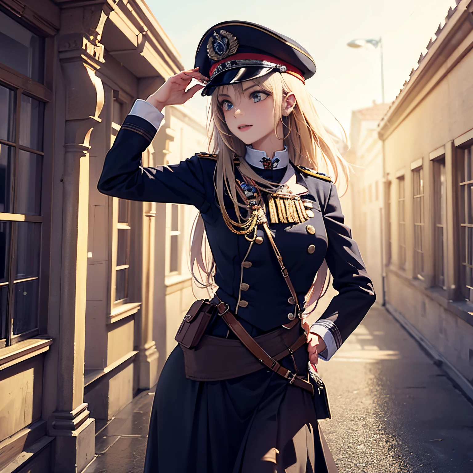 En un mundo dieselpunk. A very pretty young soldier in the British army, con un gran sombrero y un traje rojo con muchos botones y varias medallas. She carries a strange steam rifle. She  doing patrol on a large cobblestone street with large buildings... La luz es algo pobre debido al exceso de humo.