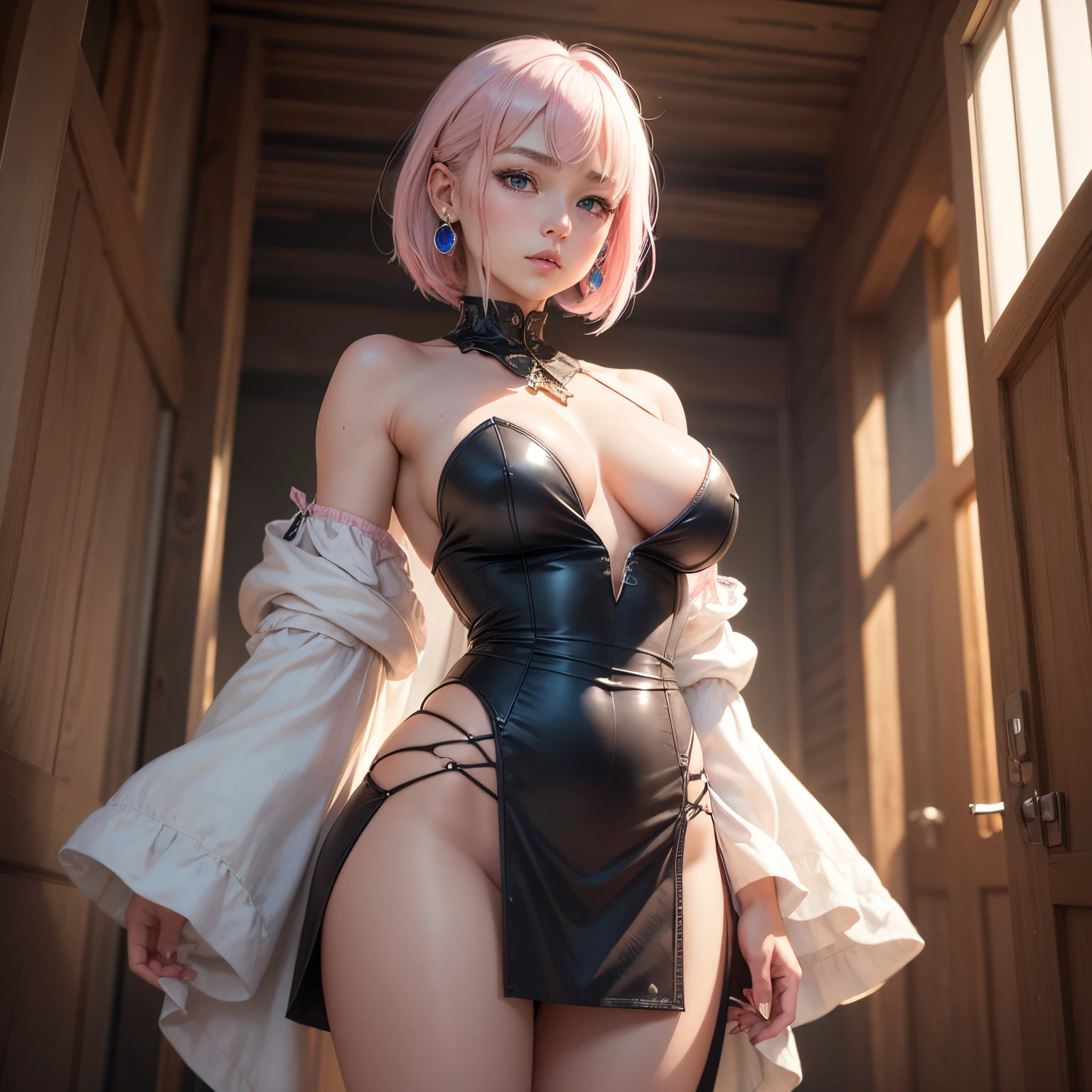 8k, masterpiece, best quality, realistic, higly detailed, cowboy shot, 1girl, solo, Ichika Nakano, young girl, very short hair with a single long strand on the right side, white-pink hair, a single earring, dark blue eyes, average height, well-endowed figure, large breasts, cute, Reposer