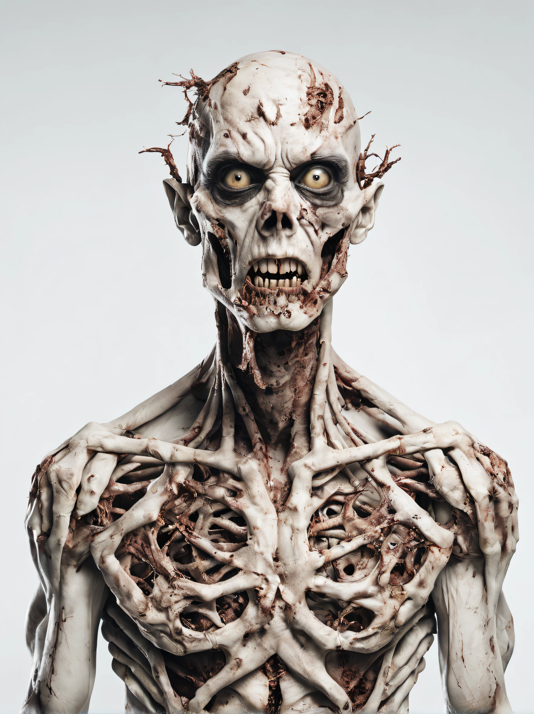 zombified humanoid mutant creature, male, perfect centralization, standing position, abstract beauty, centred, looking at the camera, facing the camera, near perfection, sad, desperate, upper body, hands on her head, dynamic, white background