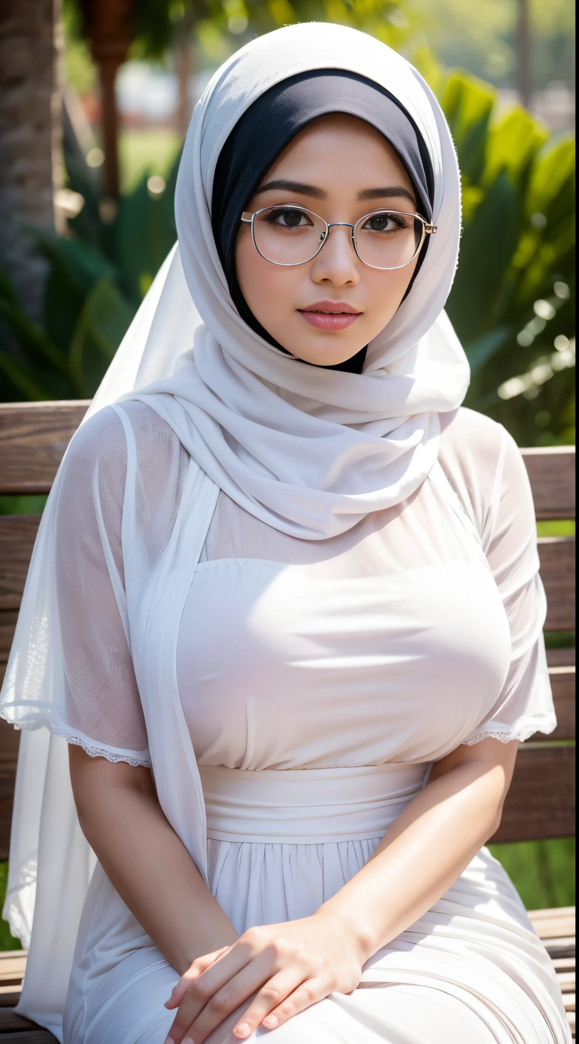 RAW, Best quality, high resolution, masterpiece: 1.3), beautiful Malay woman in hijap:0.8),((big breasts)), perfect nose, perfect lips, perfect eyes, detail :1.2), (big breasts) , close up, beautiful face, perfect body, thick thighs, wearing a white long dress and a white long shawl, turkneck,sitting on a bench, white hijab,,with square glasses, hijab, lovely woman, dilraba dilmurat, mid shot portrait, with beautiful exotic, portrait shotbokeh background