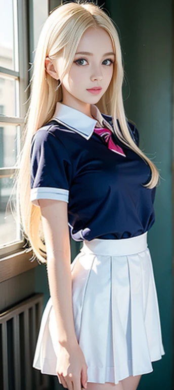 single girl, School uniform, blue sky, Very bright and beautiful face., Leaves skin shiny, youthful white, best looking, Blonde hair with dazzling reflections, Beautiful platinum blonde Long, straight, soft, shiny, and shiny hair., Long bang, Very beautiful, , Big eyes that glowed with a clear light blue light., beautiful beautiful beautiful girl