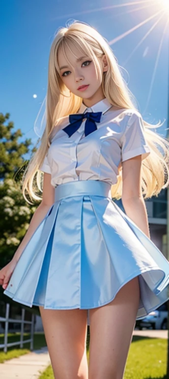 single girl, School uniform, blue sky, Very bright and beautiful face., Leaves skin shiny, youthful white, best looking, Blonde hair with dazzling reflections, Beautiful platinum blonde Long, straight, soft, shiny, and shiny hair., Long bang, Very beautiful, 17 years old, Big eyes that glowed with a clear light blue light., beautiful beautiful beautiful girl