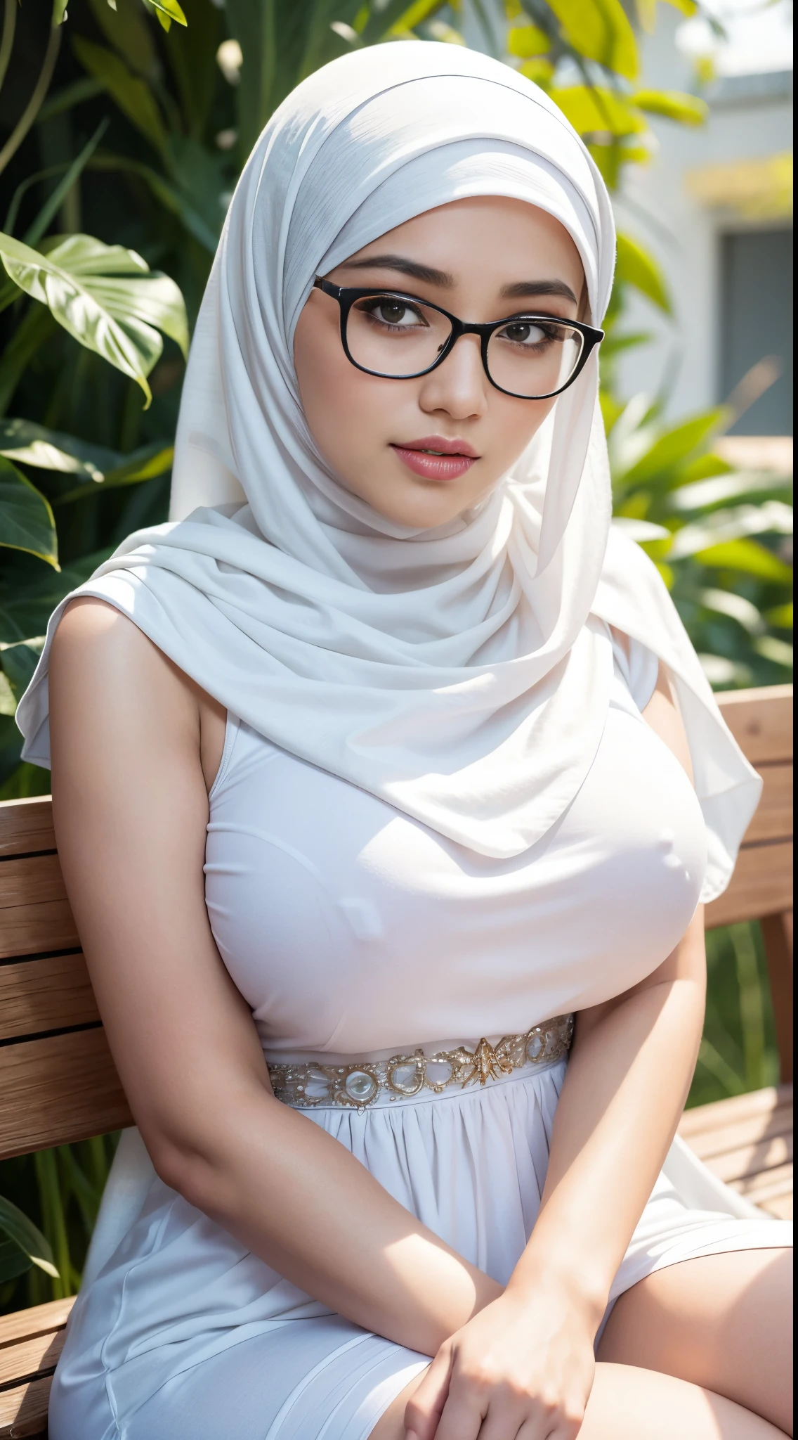 RAW, Best quality, high resolution, masterpiece: 1.3), beautiful Malay woman in hijap:0.8),(()), perfect nose, perfect lips, perfect eyes, detail :1.2), (big breastsp, beautiful face, perfect body, thick thighs, wearing a white dress and a white shawl sitting on a bench, white hijab,, with square glasses, hijab, lovely woman, dilraba dilmurat, mid shot portrait, with beautiful exotic, portrait shotbokeh background