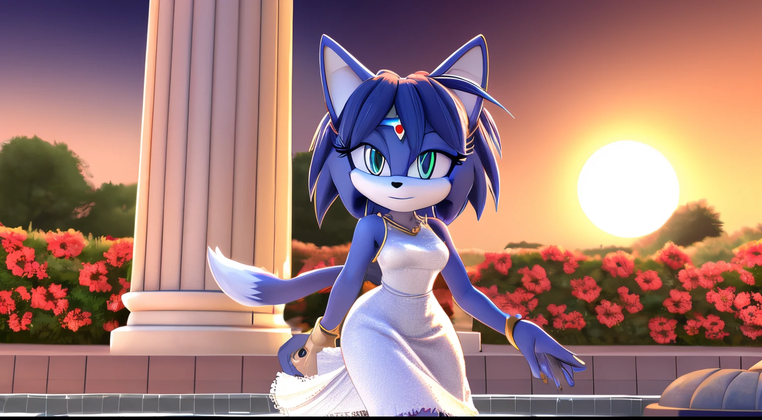 Krystal The Fox, Blue Fox, Blue Skin, Fox Tail, Beautiful, Short Hair, Jewelry, White Dress, Long Dress, Sunset, Looking at Viewer, walking, 2D illustration. A Background of a Roman pillars of a garden and flowery and colorful background arches with colorful gardens and trees and a water fountain, upper body, close up.
