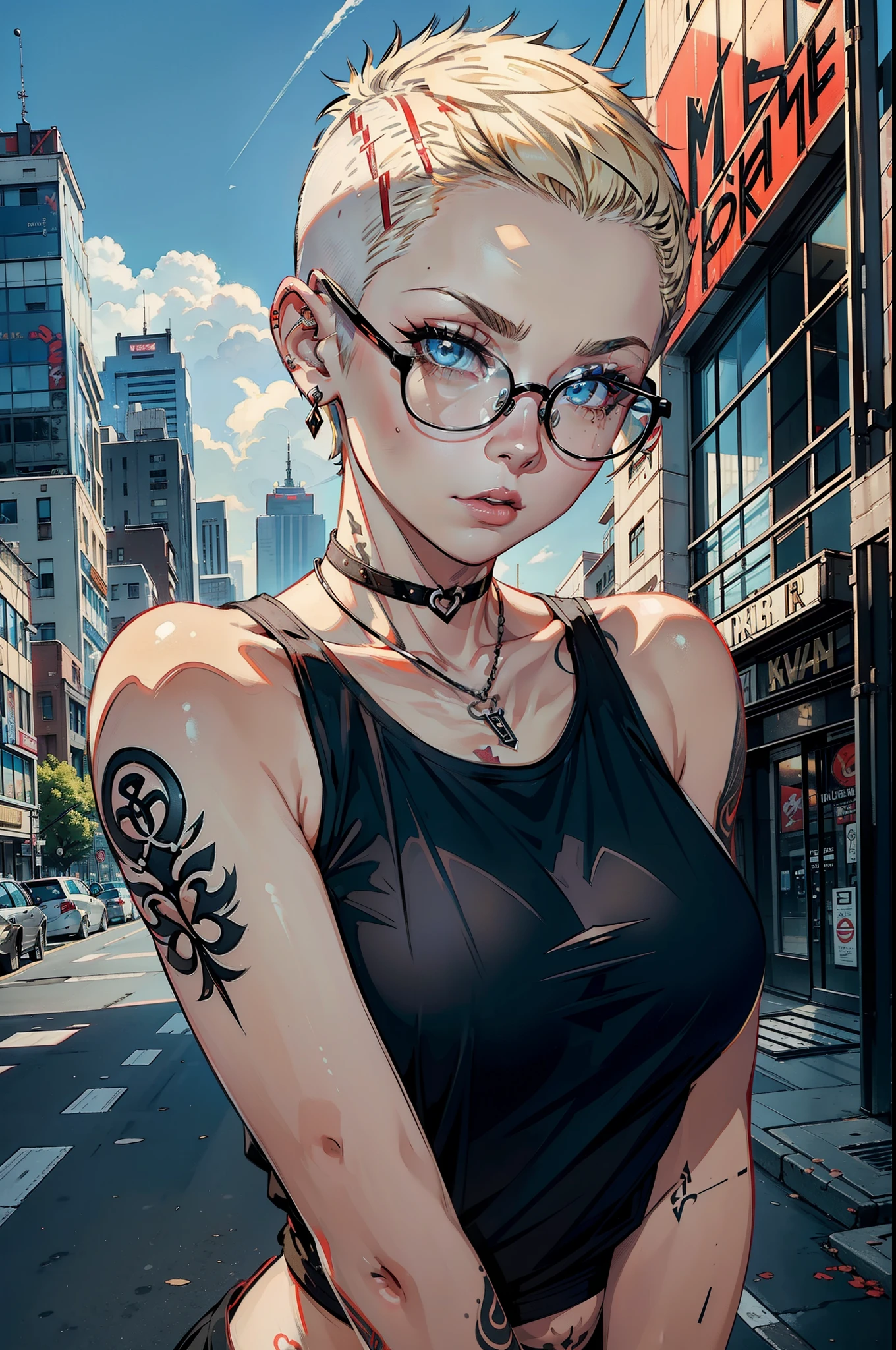 young woman, riley nixon haircut, shaved hair, blonde hair, very short hair, bald, white tank t-shirt shirt, red moon tattoo, right arm tattooed, wearing glasses, blonde hair, riley nixon haircut, lipstick Black, piercings on the face, on a skyscraper, Looking at the viewer, Storm city, 4k