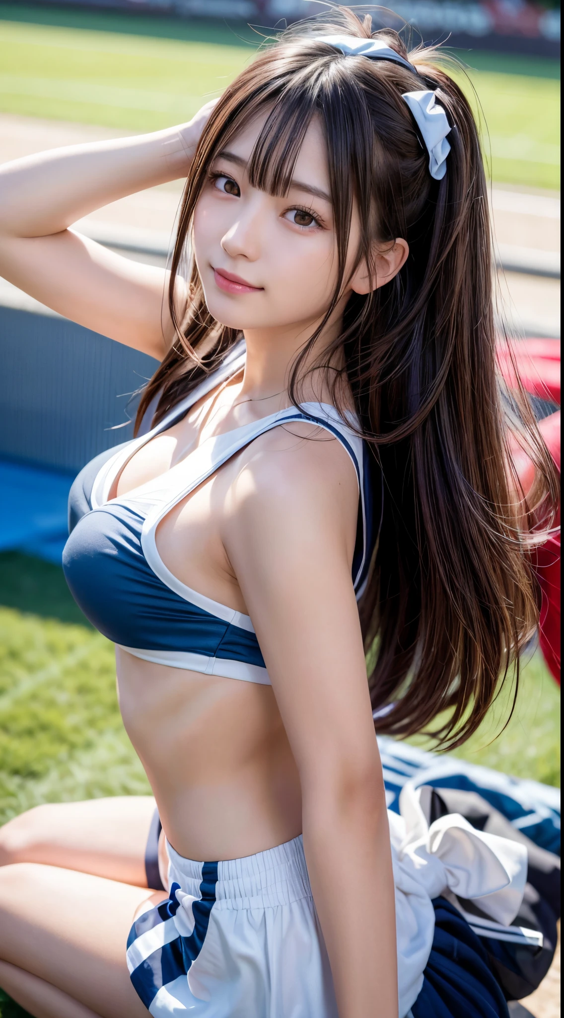 masterpiece, best quality, ultra detailed, hyper detailed, 8K, 16K, absurdres, a girl, smiling, jumping, looking at viewer, long hair, medium hair, brown hair, droopy eyes, shiny skin, detailed skin, detailed face, glamorous, voluptuous, beautiful breasts, cheerleader, delicate facial features, japanese idol, 20-year-old, japanese, on stage, in the stadium, blue sky and shining lights, with a sun, in the afternoon, ultra realistic photo, photorealistic, raw photo, cowboy shot, from front, dynamic angle, ground-level shot, sharpen, sunlight, cinematic lighting