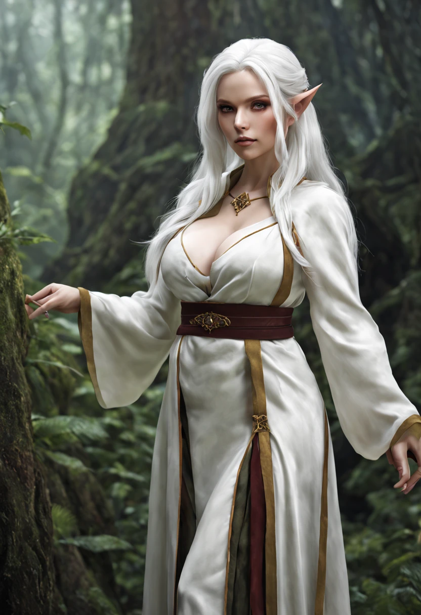 An Elf female with white hair, wearing a habit, large breasts, full body pose,