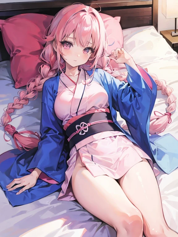 (8K、masterpiece、Highly detailed background、high resolution)、(mitsuri kanroji)、Cleavage、(On the bed、yukata、Gravure pose、Place hands on crotch、Spread your legs、underwear)、((NSFW))