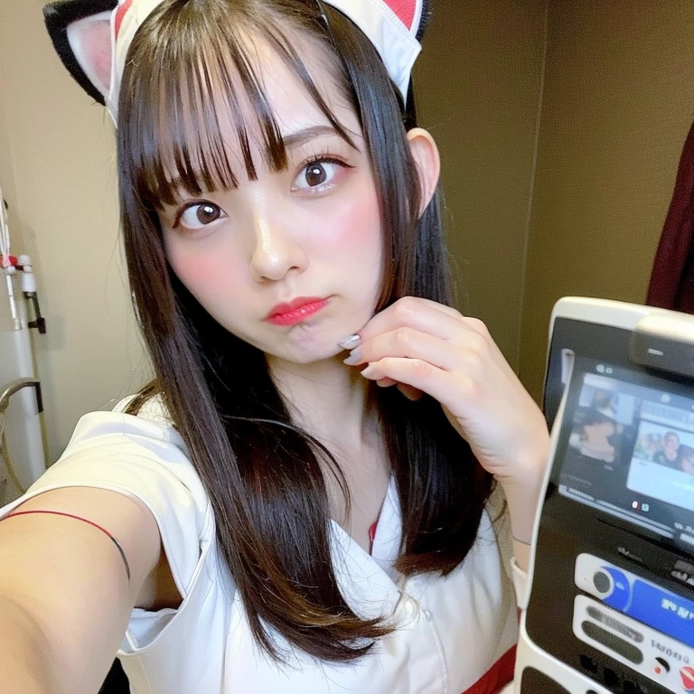 best qualtiy、Photorealsitic、8K、hight resolution、女の子 1 人、femele、(Dents in the skin)、(profetional lighting)、(nurse:1.74)、a gorgeous、((looking looking at viewer:1.6)) 、(Looking at the camera)、Photorealsitic、(bokeh dof)、(dynamicposes:1.2)、​masterpiece、Convoluted、realisitic、foco nítido,seductiv、cat ear、huge tit、((Huge breasts :1.3))
