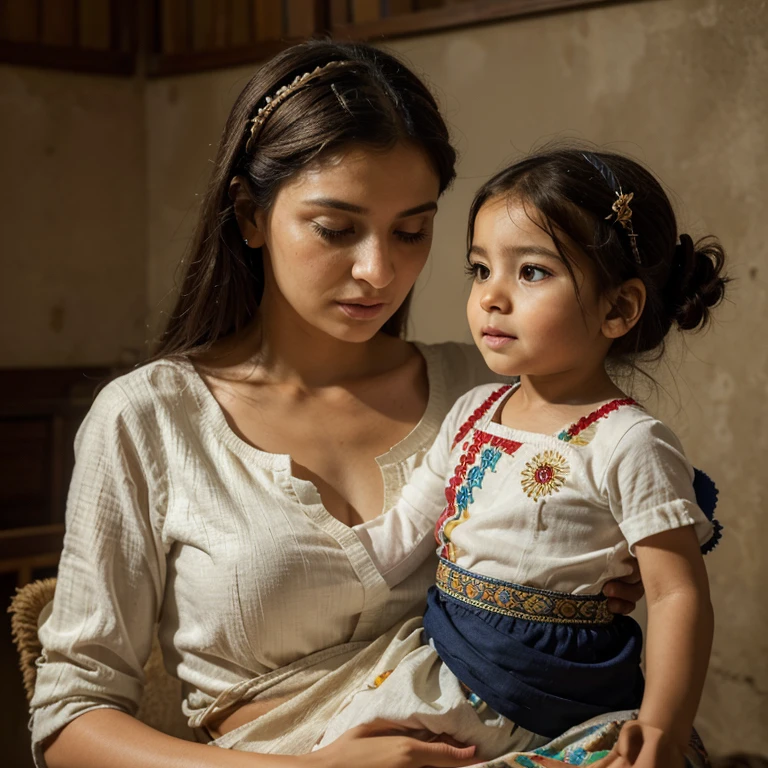 (Realistic,fotorrealista,photo-realistic:1.37),retrato,traditional oil painting,strong lighting,Turkish woman with baby,belos olhos detalhados,delicate facial features,cores vibrantes,pinceladas suaves,textura rica,dramatic contrast,Smooth expression,Amor materno,bond between mother and child,atmosfera alegre,representation of traditional Turkish culture,turbante,traditional dress and accessories,comportamento orgulhoso e confiante,fundo lindamente composto,jogo sutil de luz e sombra,Sense of depth and dimension,Emotional connection,Harmony and balance,artesanato requintado,detalhes finos,flawless execution,obras de arte emotivas e cativantes.