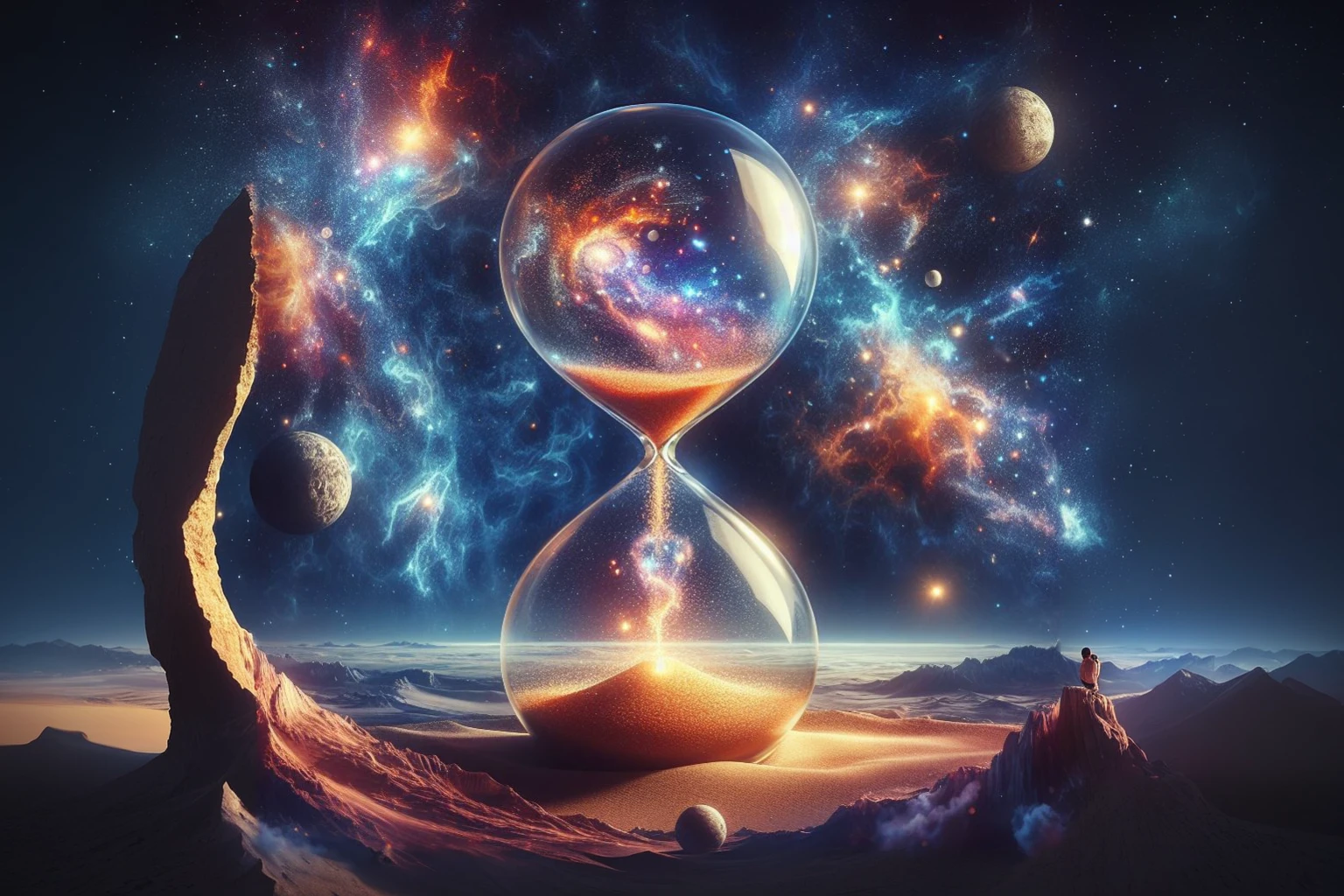 a clock with a sand - glass in the middle of it on a desert, time consumes us all, time does not exist anymore, space and time, memory trapped in eternal time, hourglass ⌛️, infinity time loop, the passing of time, time + space + reality, out of time and space, outside of time and space, the sands of time