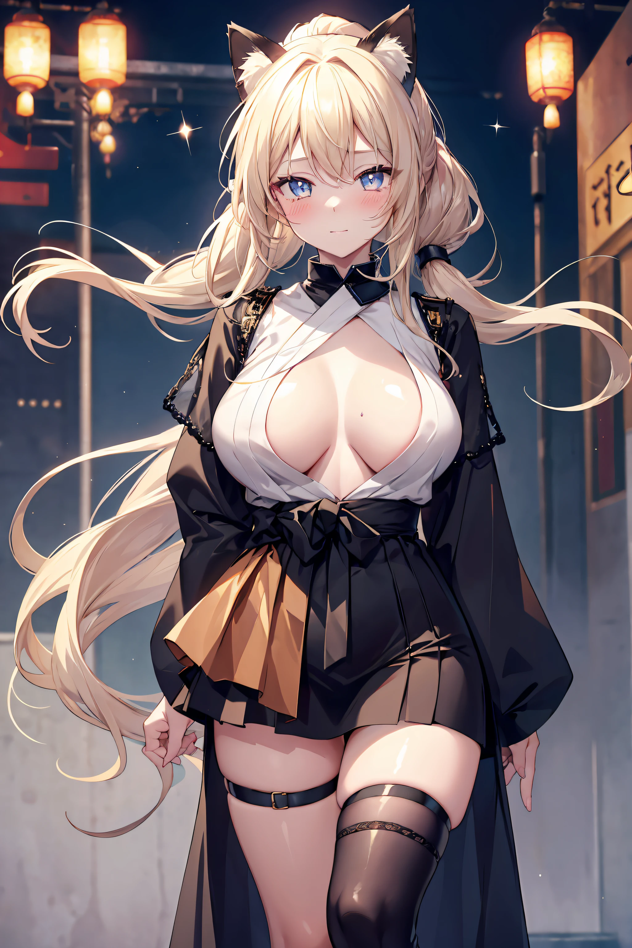 cheveux blonds, collier pour chat noir, yeux qui étincellent de flammes, seins, Nombril, rue japonaise tokyo, regarder le ciel, premiere vue sur le terrain, wavy ponytail, hair over shoulder, very long hair, cheveux très épais, beautiful detailed  eyes, yeux bleus, Jewel-like eyes, pupilles en forme de losange, hugging your own legs, beautiful necklace in cuir bijou detail, Twintails, lunettes de soleil, amber eyes, animal ears, sourire, Embarrassed, rougir, tear, High detail, Anime, romantisme, scintiller, silhouette, profondeur de champ, UHD, retina, Masterpiece, ccurate, anatomiquement correct, textured skin, super detail, High Details, award winning, Best quality, high resolucion, High quality, 16k, clivage