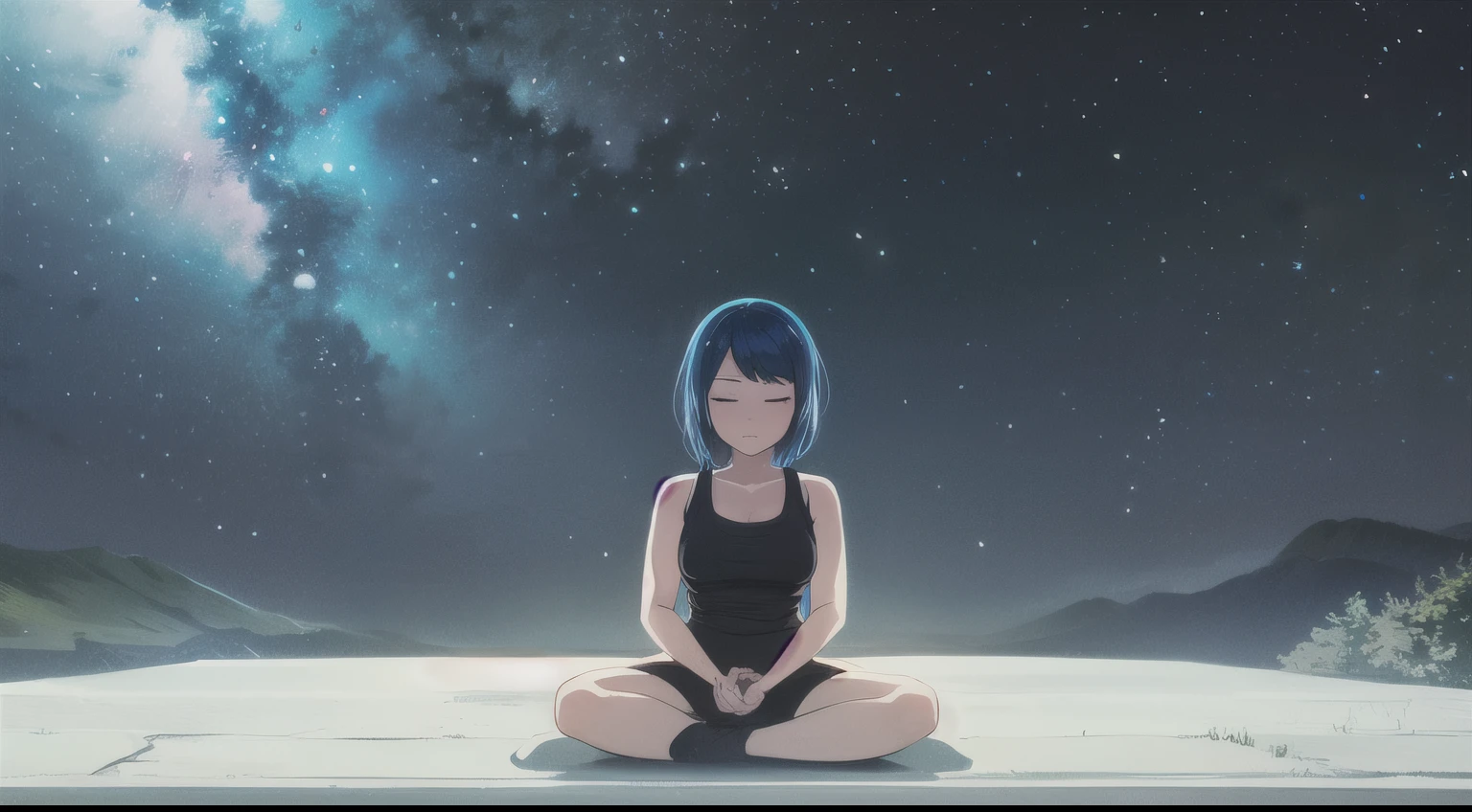 1 girl meditating, blue hair, night, dark sky ((high quality))